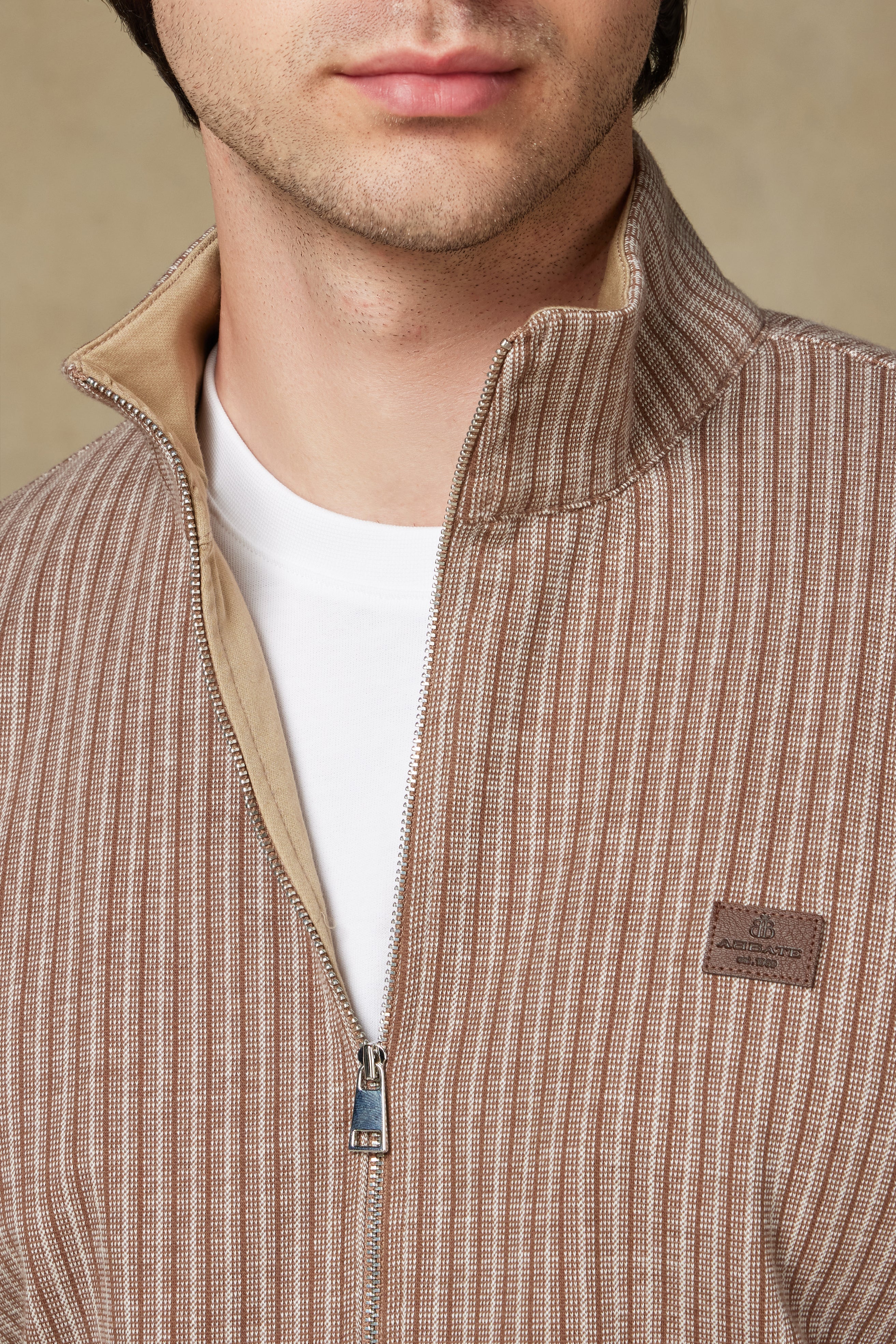 Abbate Edon Örme Kumaş Pamuklu Modern Fit Kahverengi Dik Yaka Erkek Çizgili Sweatshirt