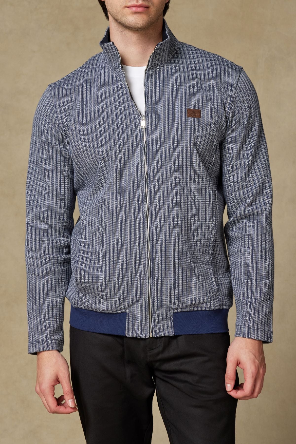 Abbate Edon Örme Kumaş Pamuklu Modern Fit Lacivert Dik Yaka Erkek Çizgili Sweatshirt