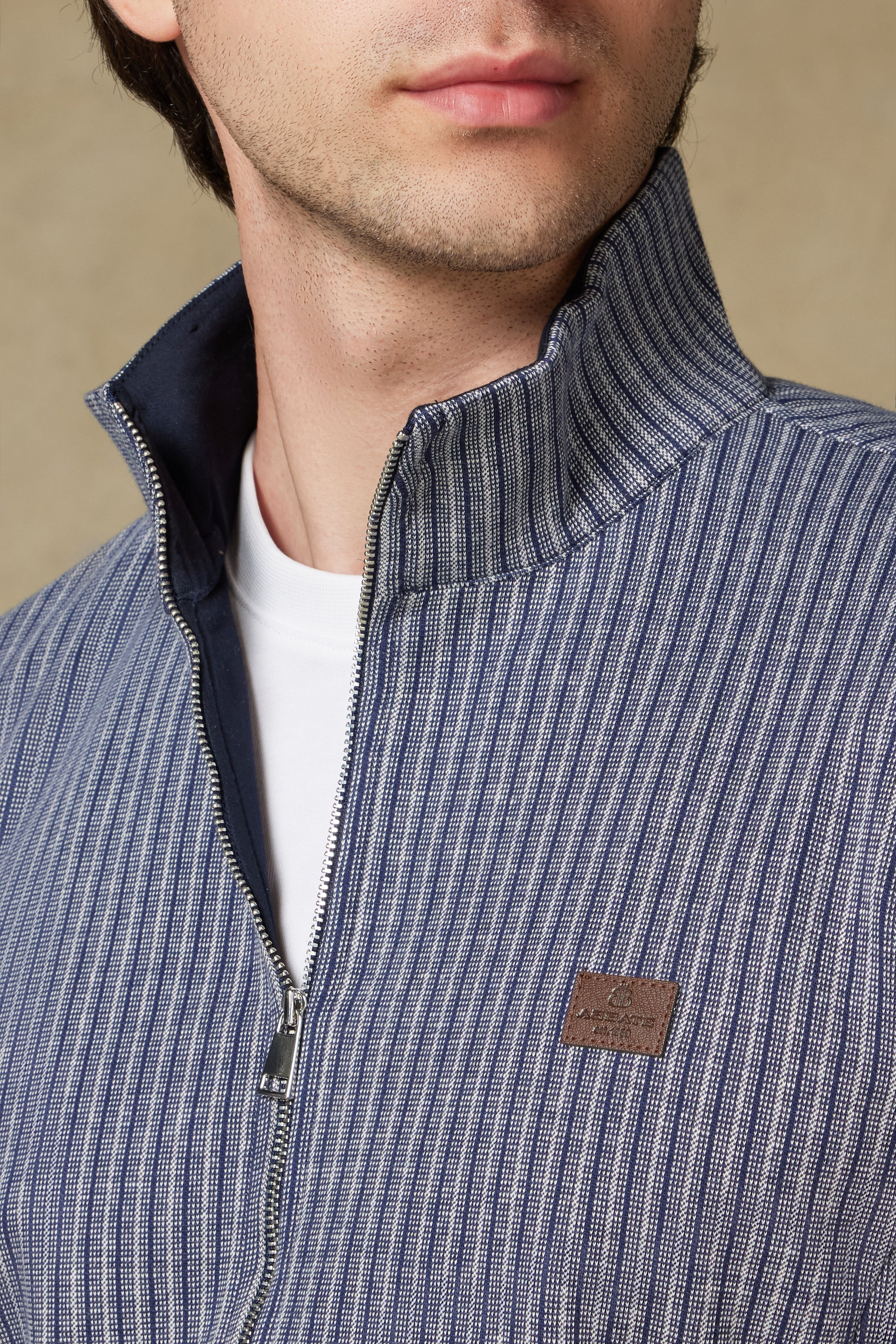 Abbate Edon Örme Kumaş Pamuklu Modern Fit Lacivert Dik Yaka Erkek Çizgili Sweatshirt