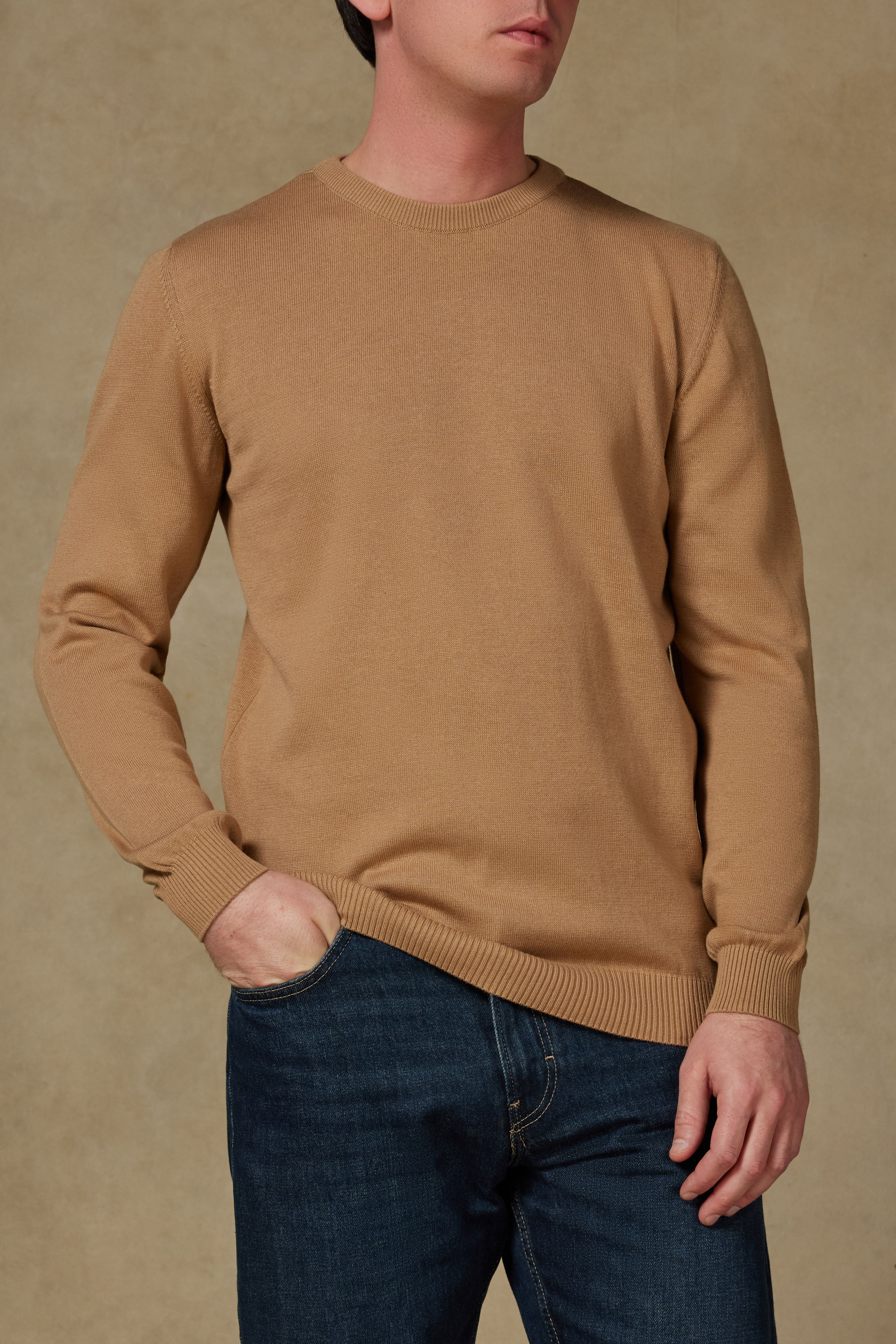 Abbate Suave Örme Kumaş Pamuklu Modern Fit Bej Bisiklet Yaka Erkek Düz Triko