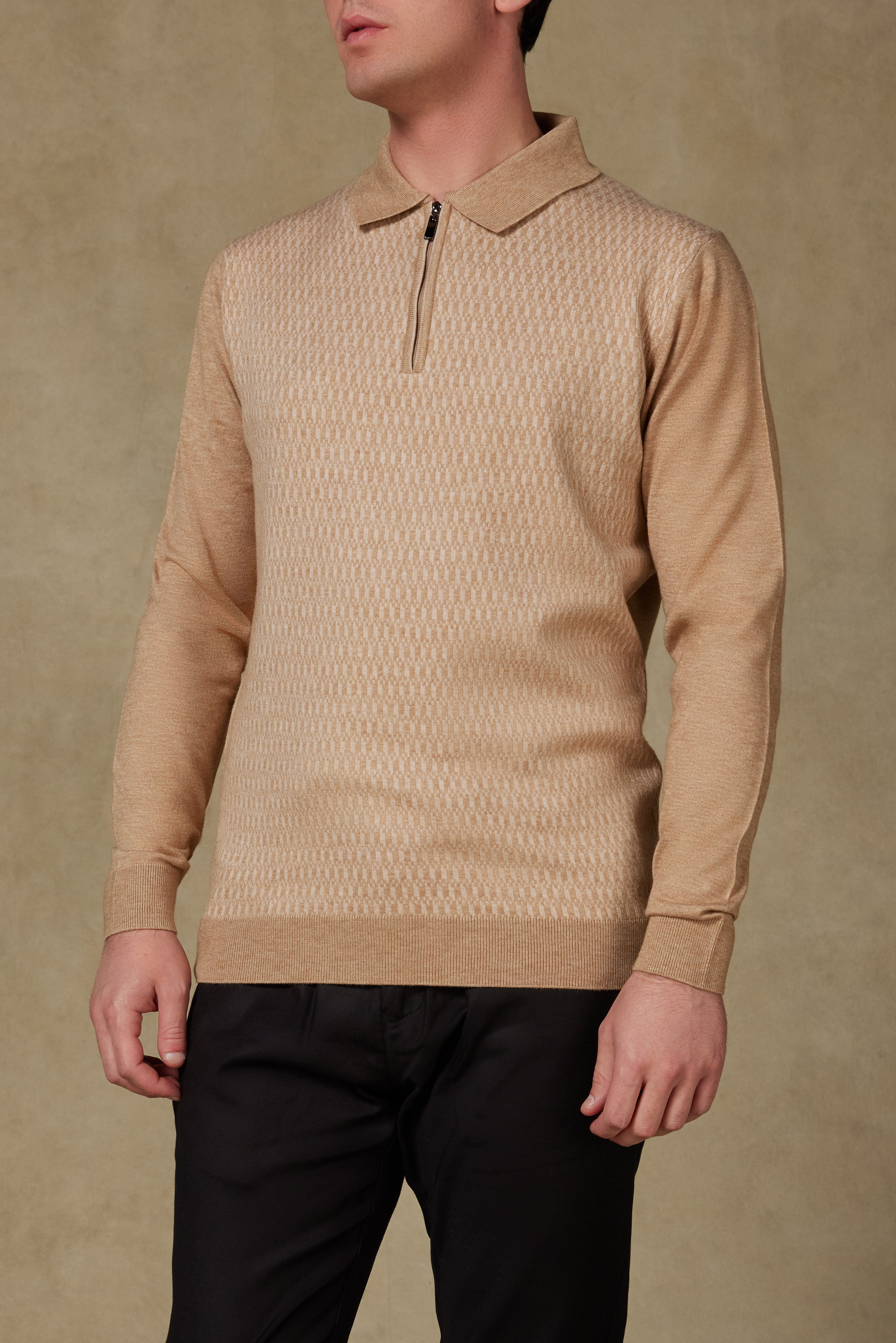 Abbate Claro Örme Kumaş Kaşmir Karışımlı Modern Fit Bej Polo Yaka Erkek Desenli Triko