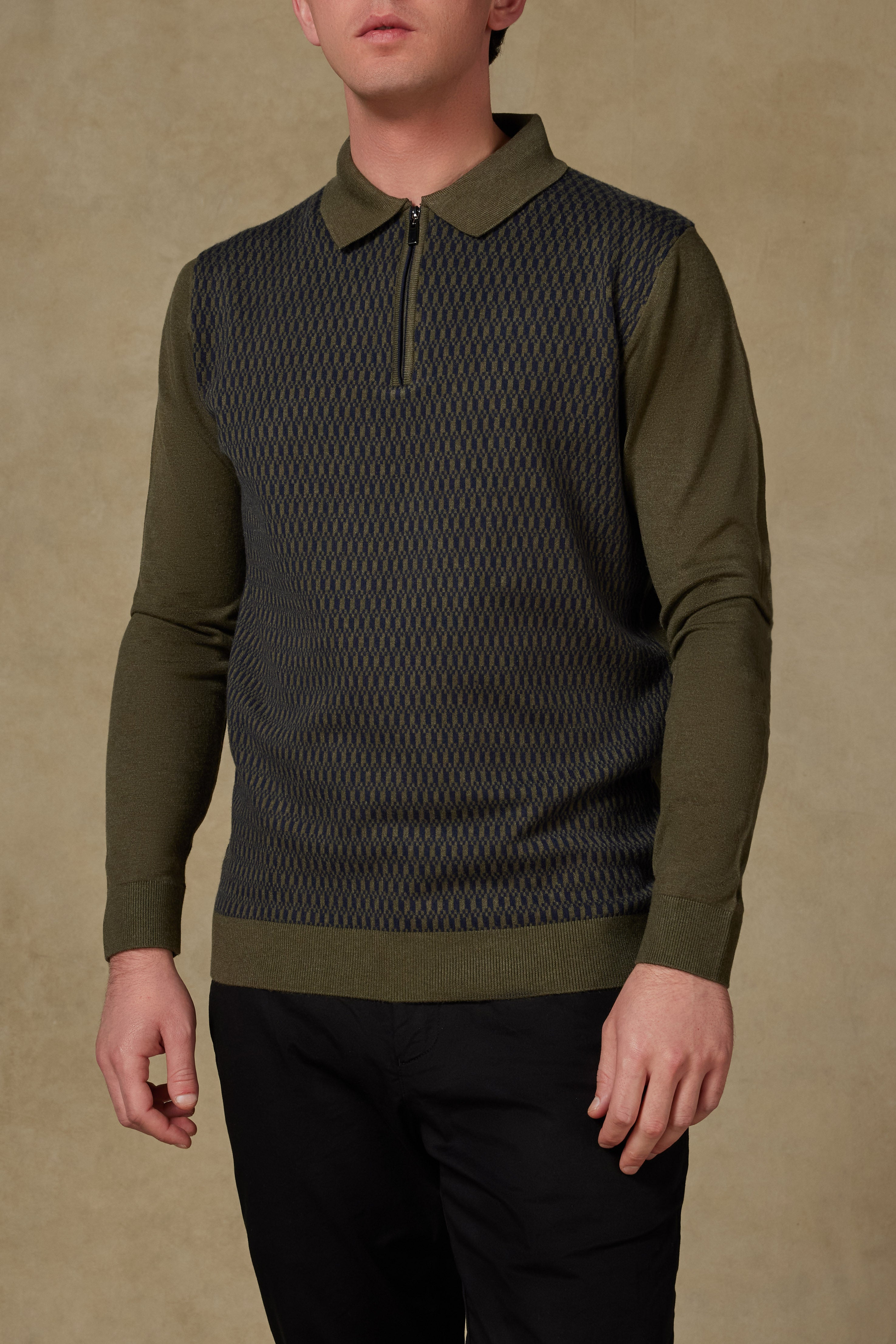 Abbate Claro Örme Kumaş Kaşmir Karışımlı Modern Fit Haki Polo Yaka Erkek Desenli Triko