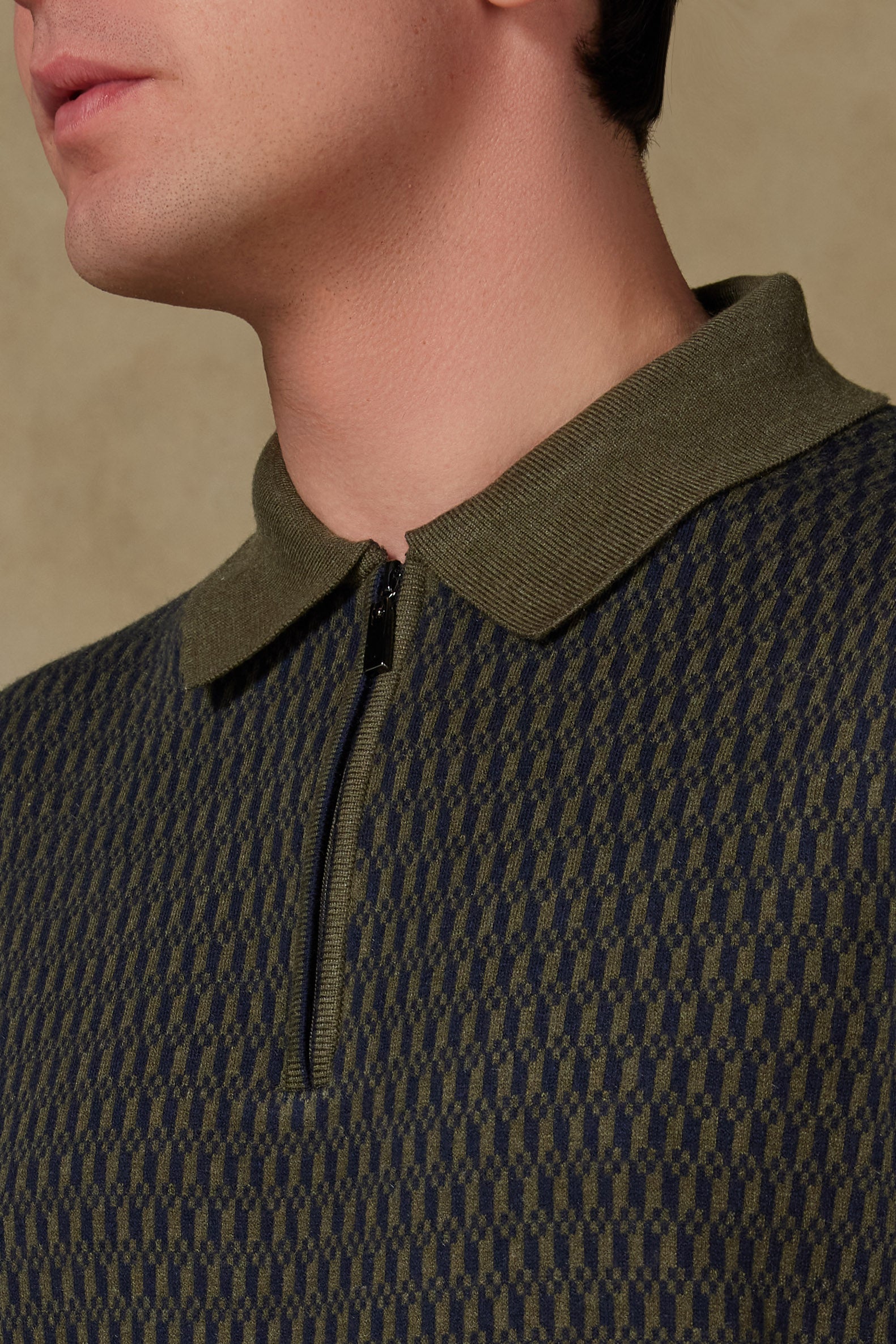 Abbate Claro Örme Kumaş Kaşmir Karışımlı Modern Fit Haki Polo Yaka Erkek Desenli Triko