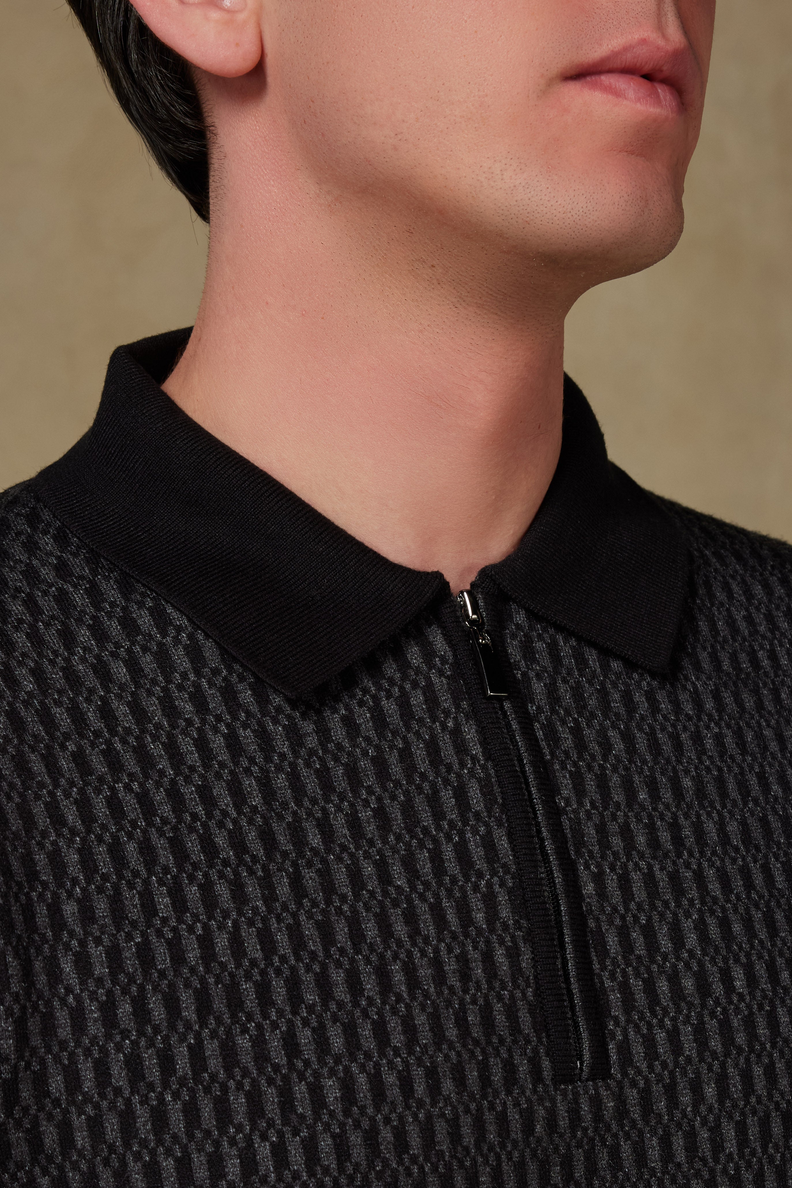Abbate Claro Örme Kumaş Kaşmir Karışımlı Modern Fit Siyah Polo Yaka Erkek Desenli Triko