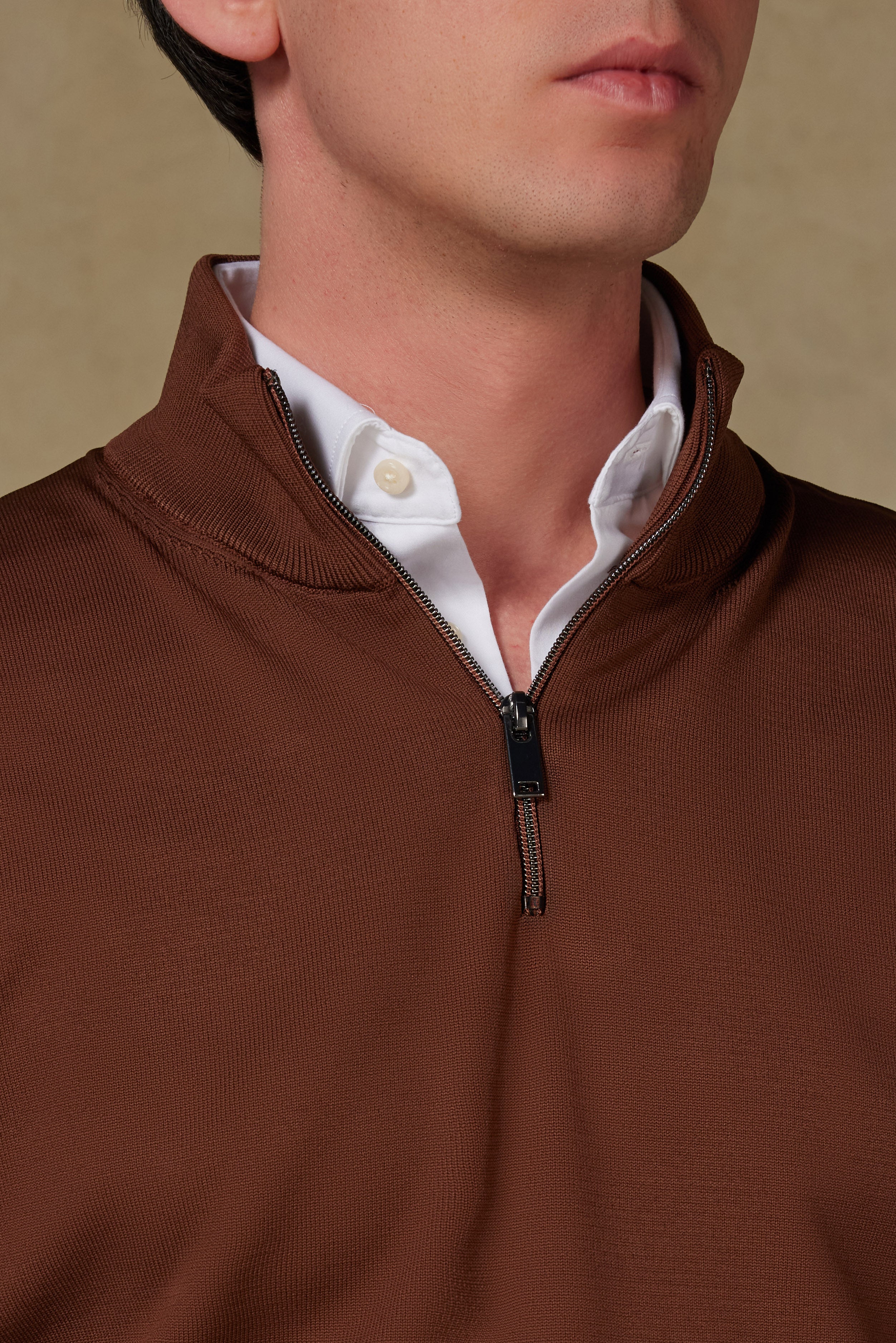 Abbate Velo Örme Kumaş Rayon Karışımlı Modern Fit Kahverengi Dik Yaka Erkek Düz Triko