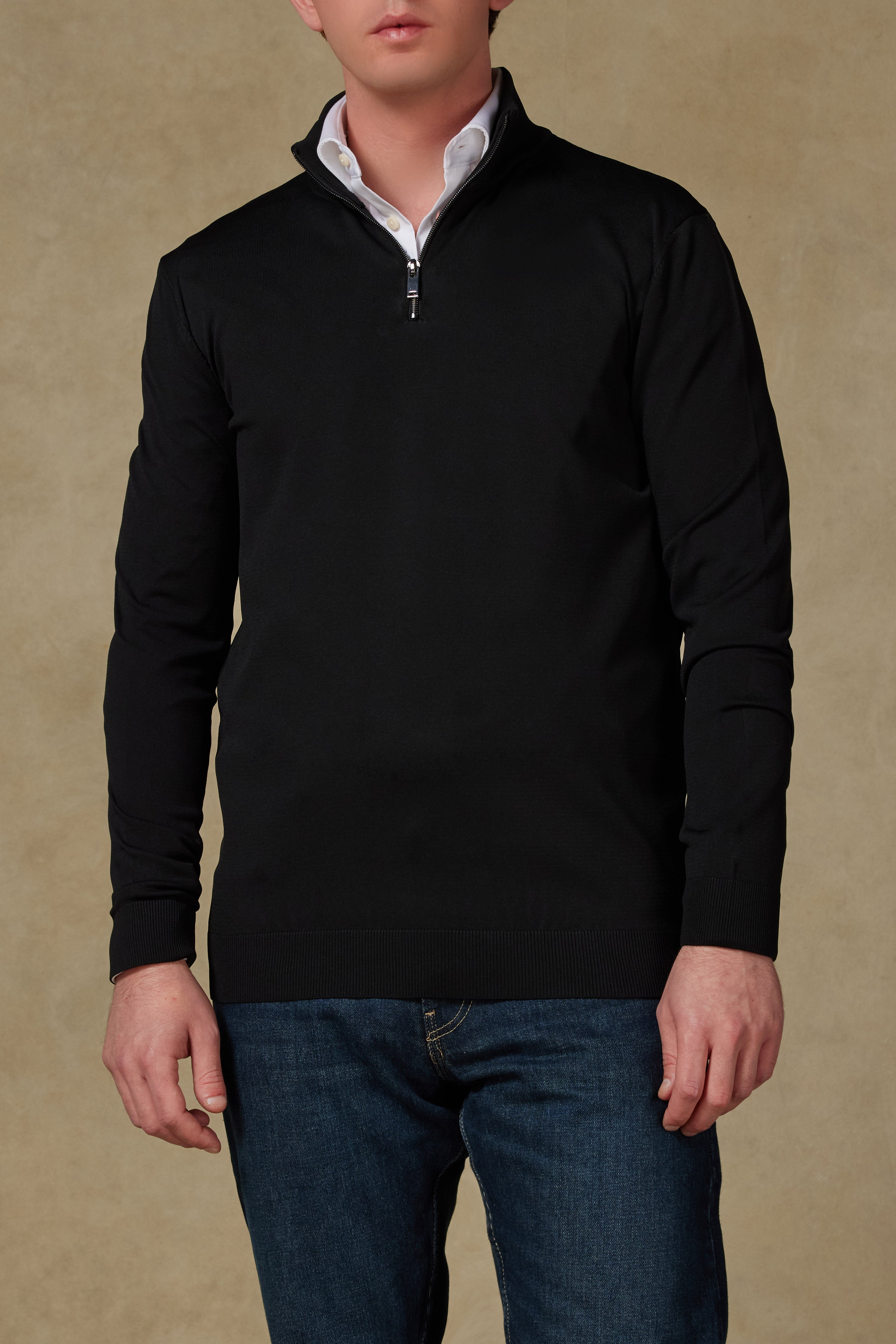 Abbate Velo Örme Kumaş Rayon Karışımlı Modern Fit Siyah Dik Yaka Erkek Düz Triko