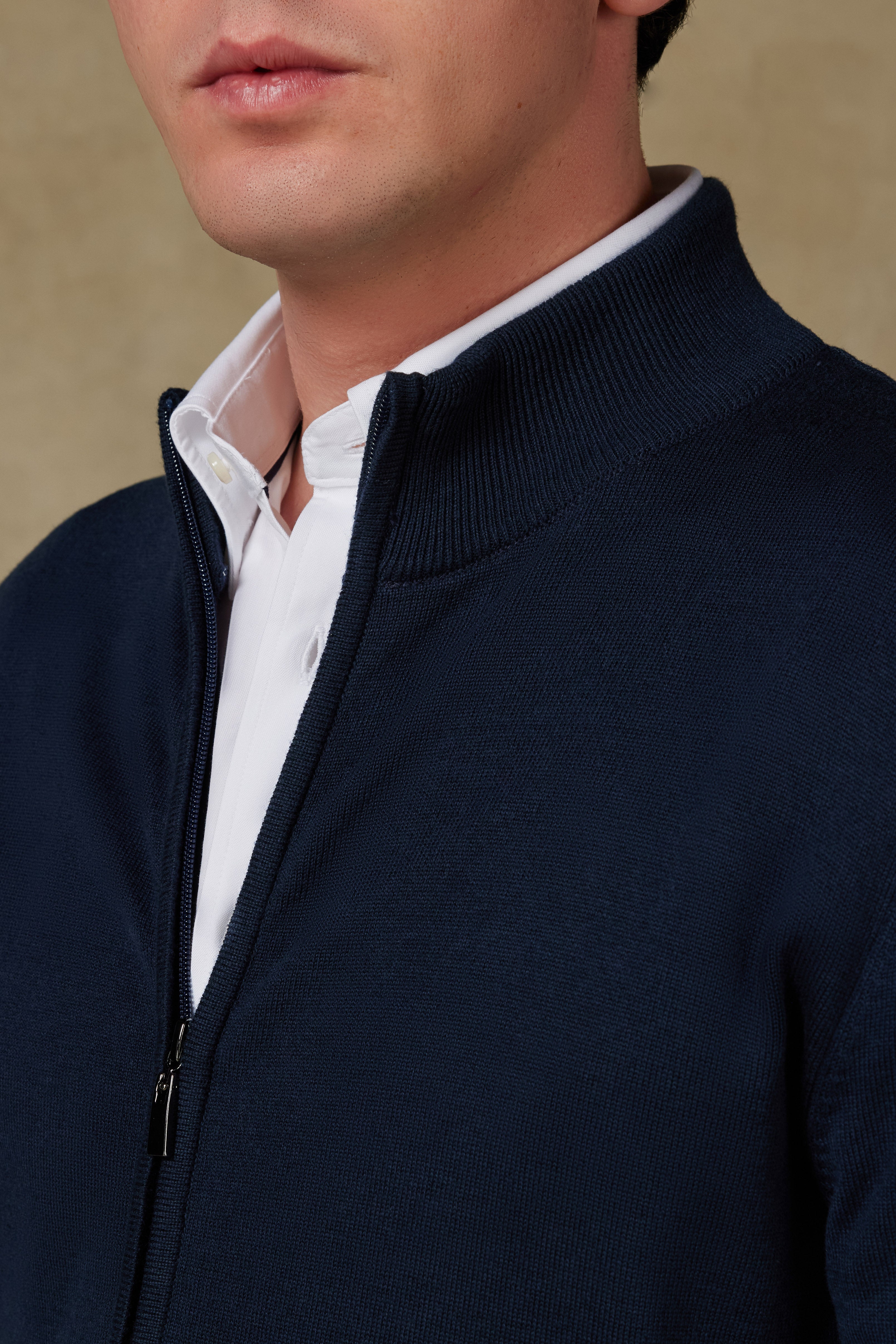 Abbate Seta Örme Kumaş Pamuklu Modern Fit Lacivert Dik Yaka Erkek Düz Triko