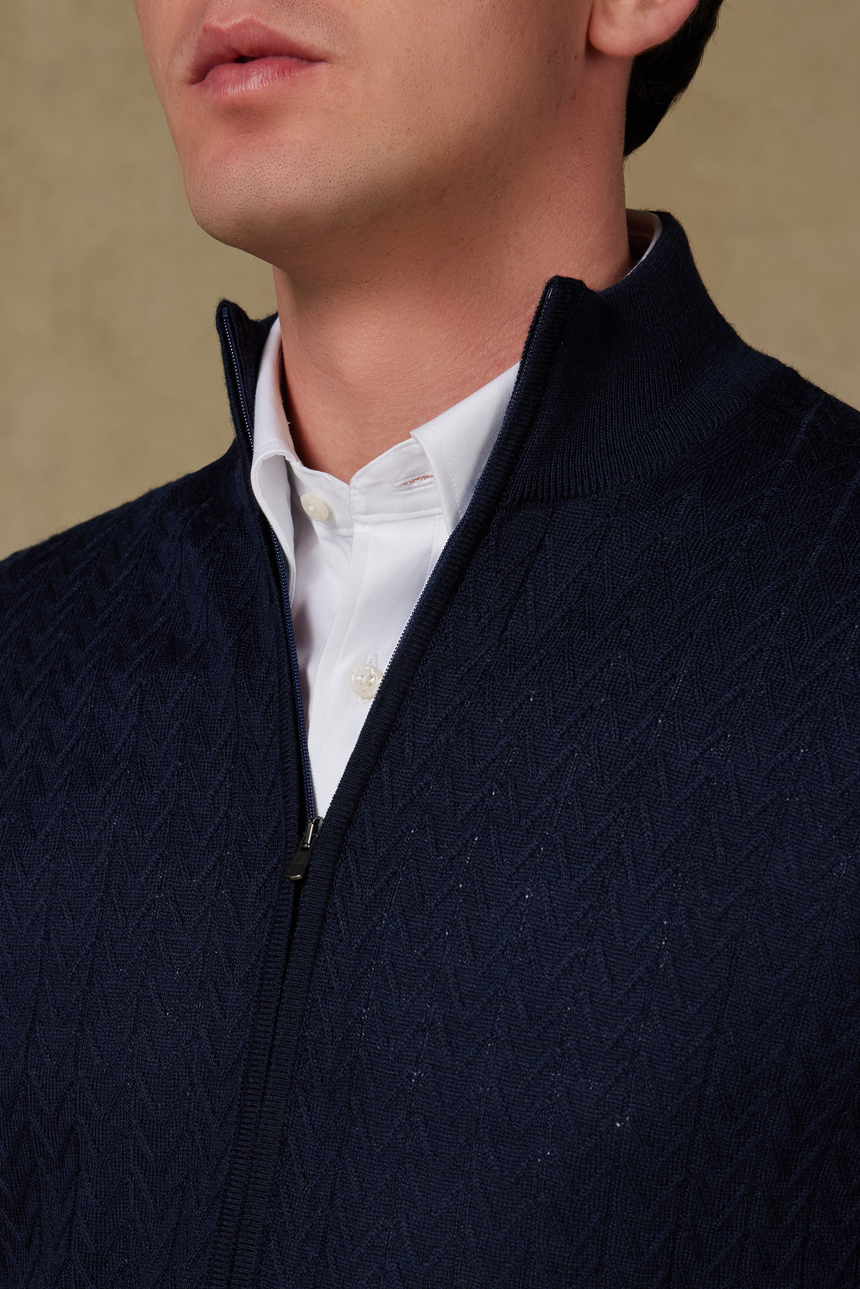 Abbate Seta Örme Kumaş Yünlü Modern Fit Lacivert Dik Yaka Erkek Desenli Triko