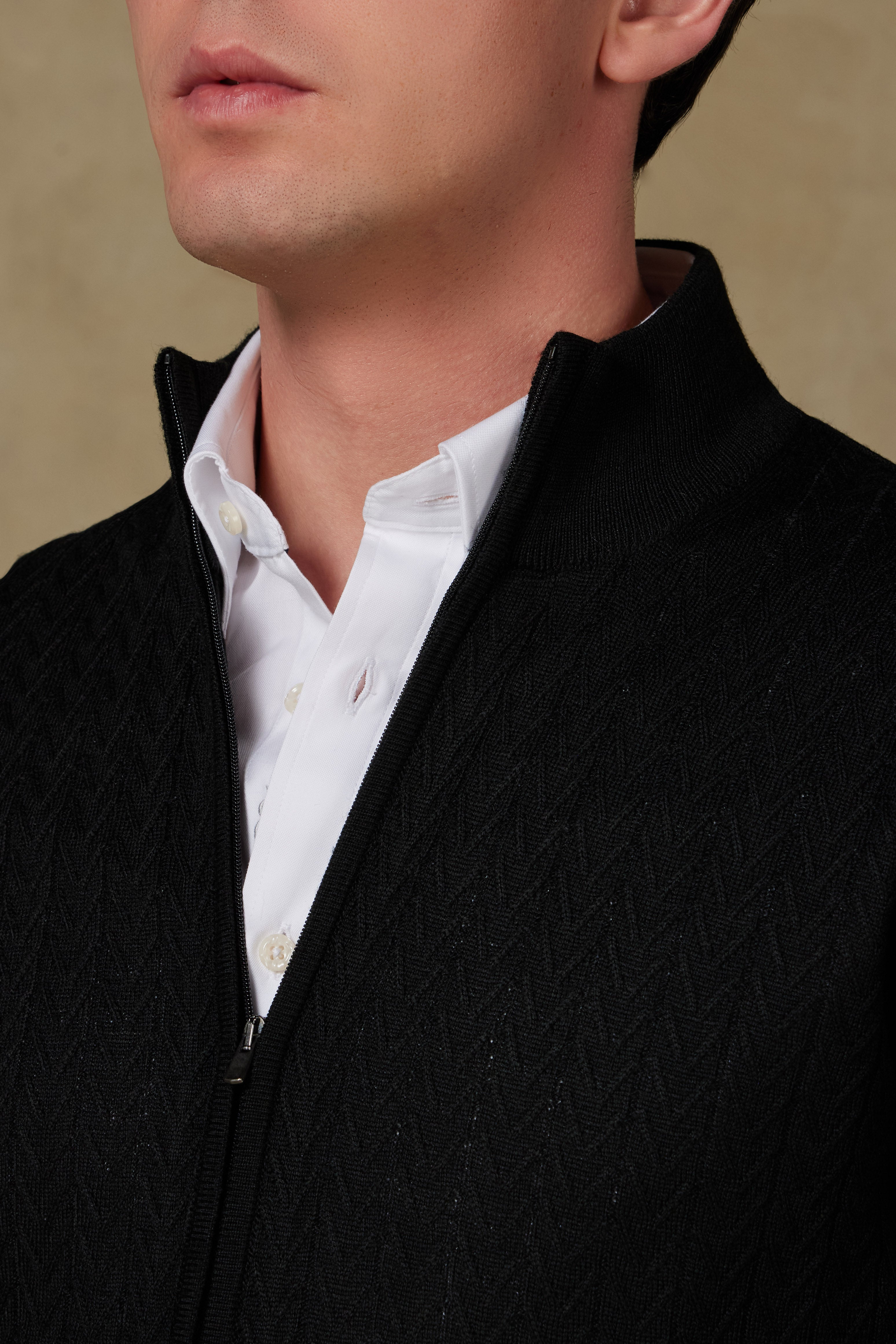 Abbate Seta Örme Kumaş Yünlü Modern Fit Siyah Dik Yaka Erkek Desenli Triko