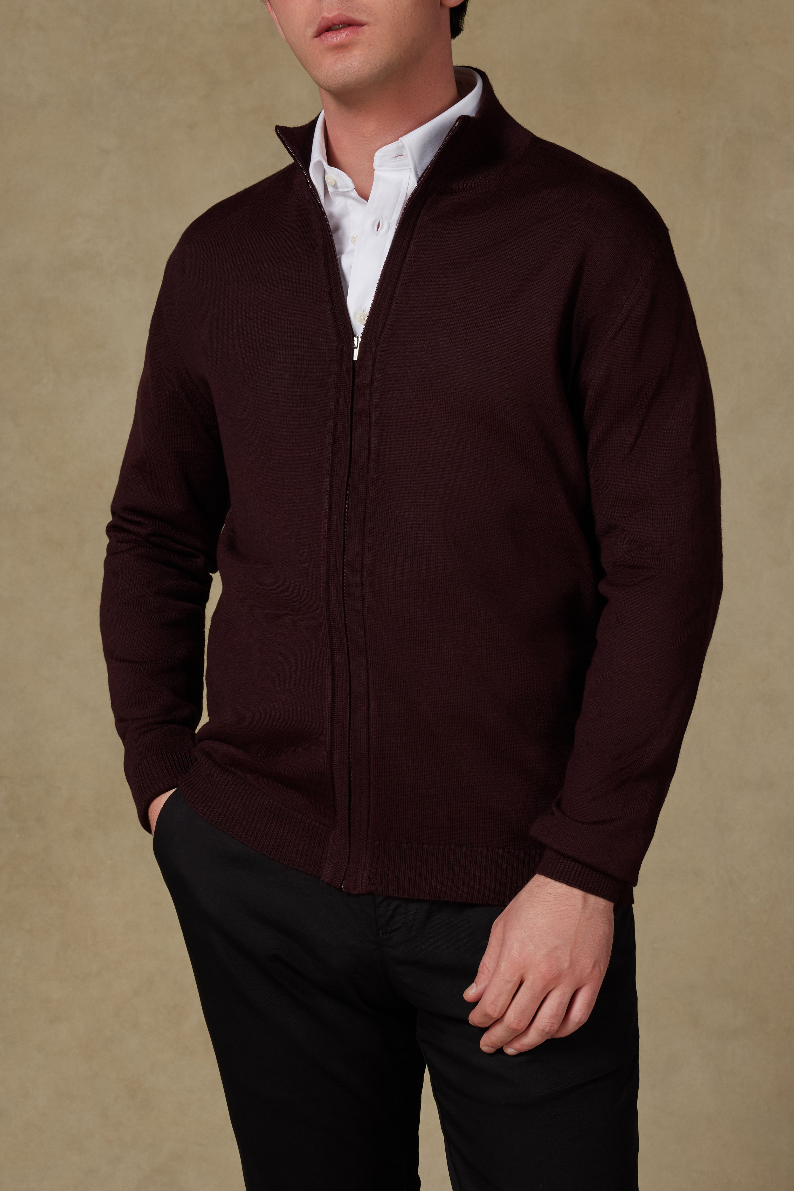 Abbate Seta Örme Kumaş Yünlü Modern Fit Bordo Dik Yaka Erkek Düz Triko