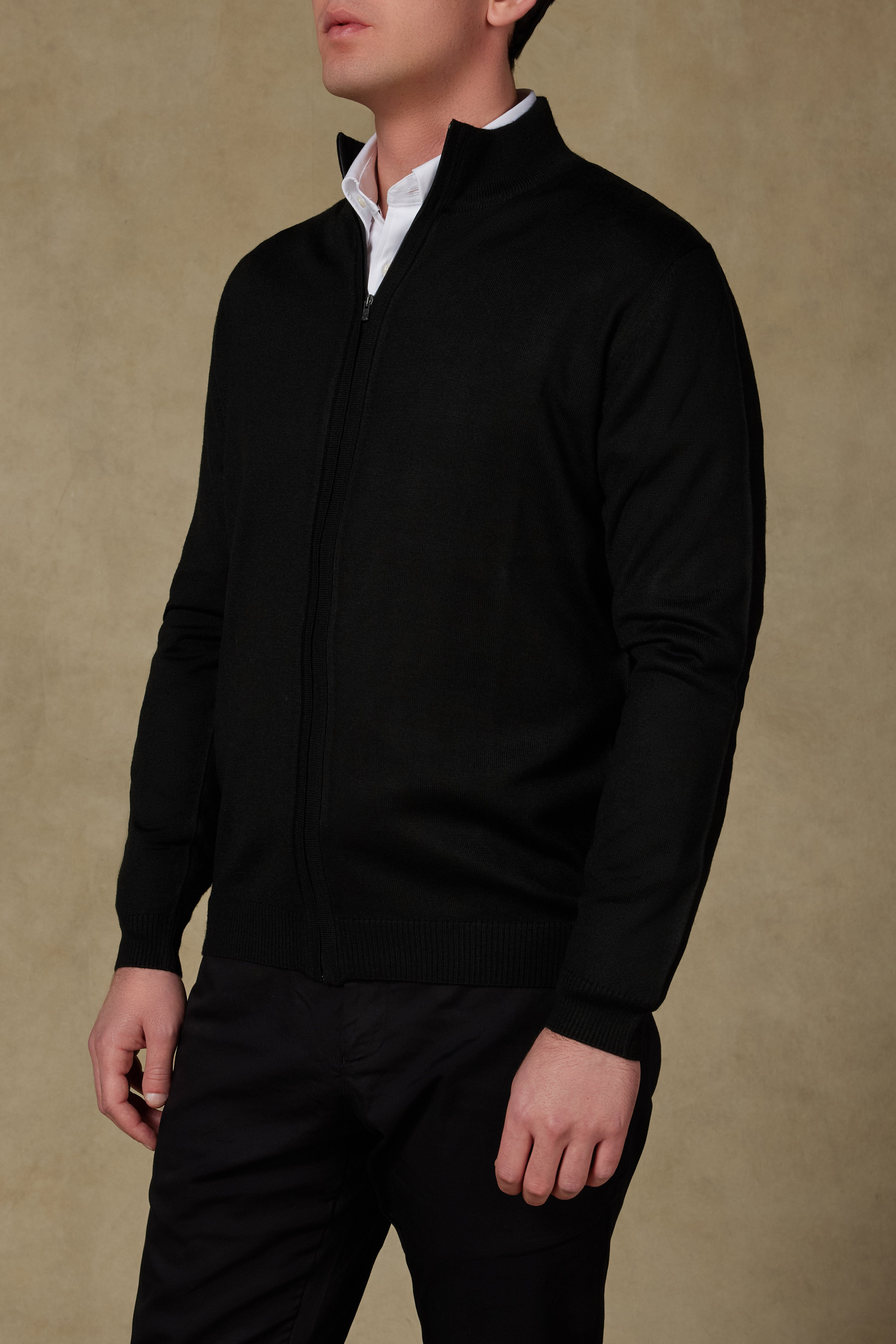 Abbate Seta Örme Kumaş Yünlü Modern Fit Siyah Dik Yaka Erkek Düz Triko