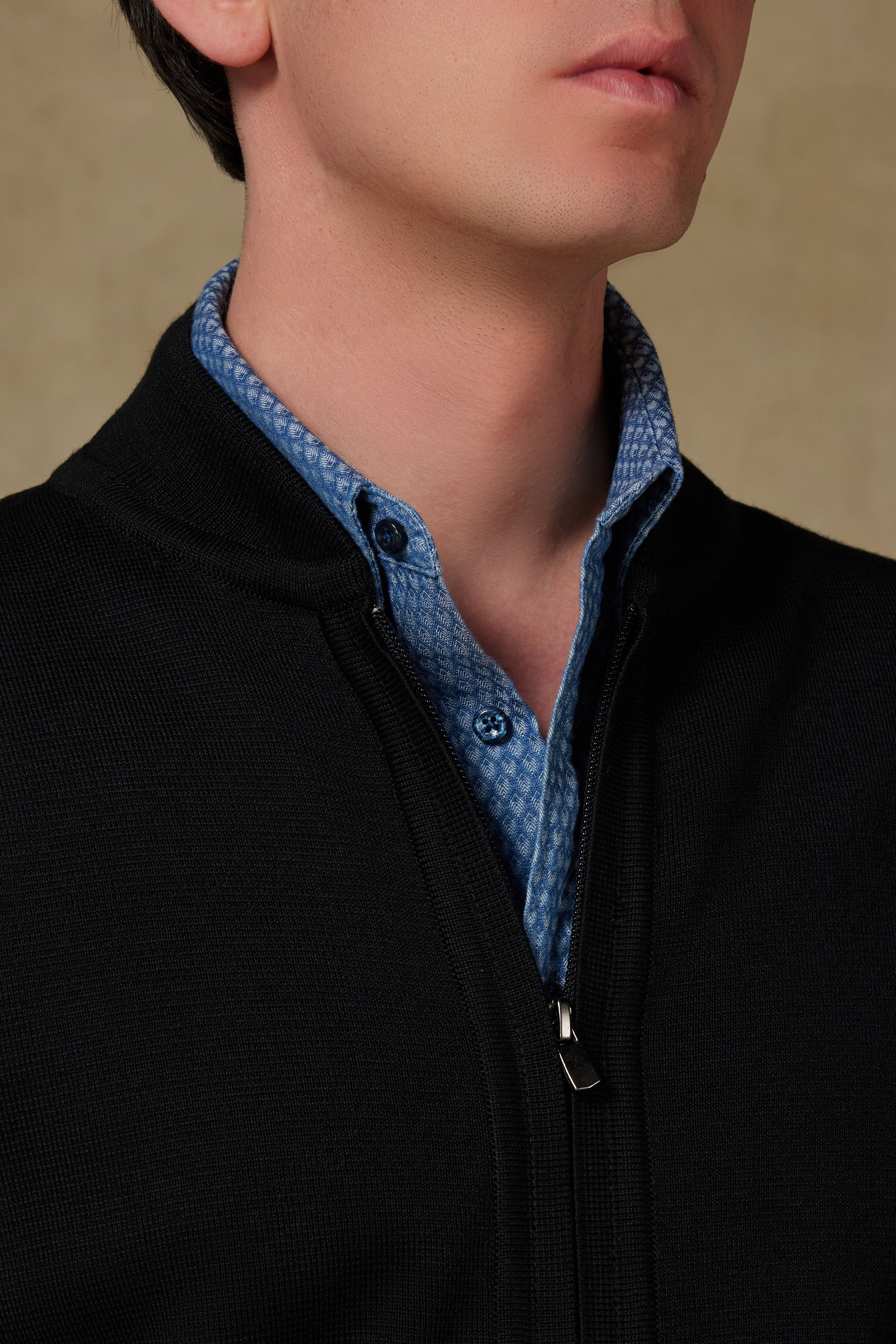 Abbate Forte Örme Kumaş Yünlü Modern Fit Siyah Dik Yaka Erkek Düz Triko