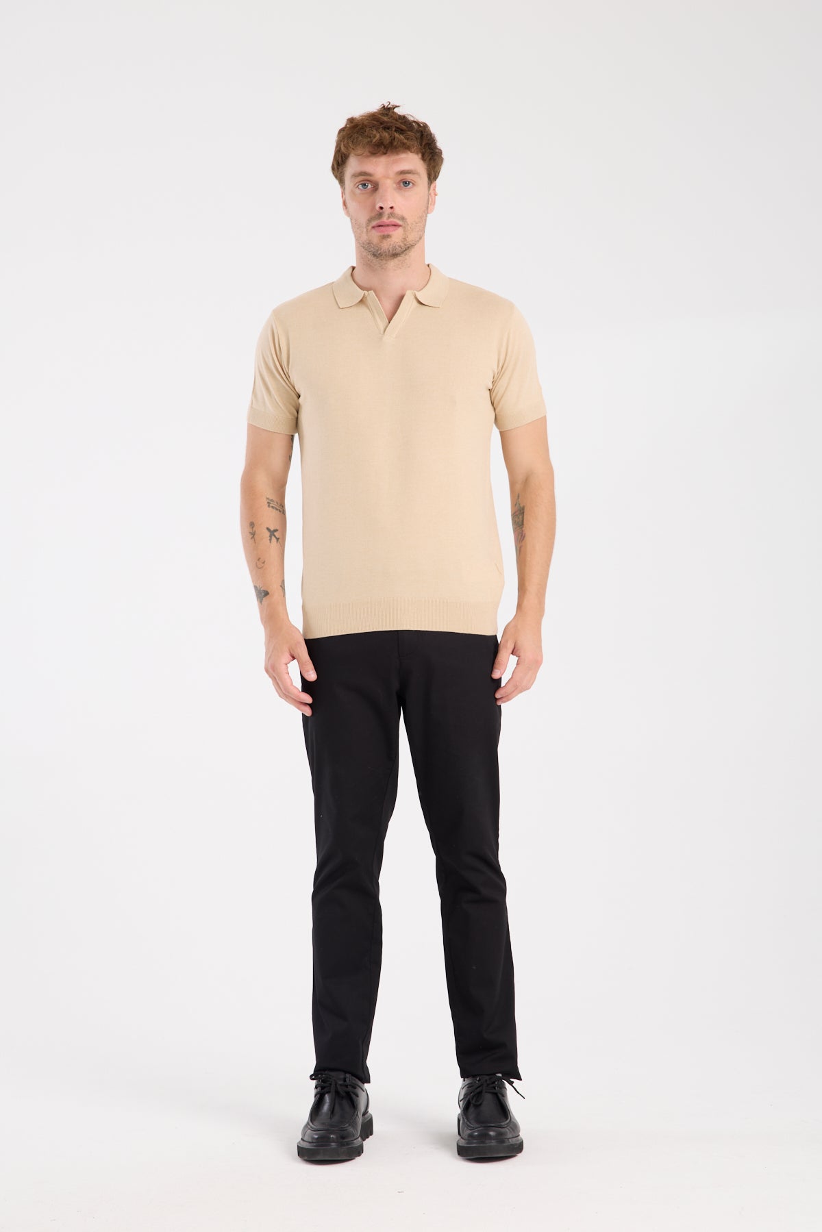AClub Alfa Örme Kumaş Viskon Karışımlı Slim Fit Koyu Bej Polo Yaka Erkek Düz Polo Shirt