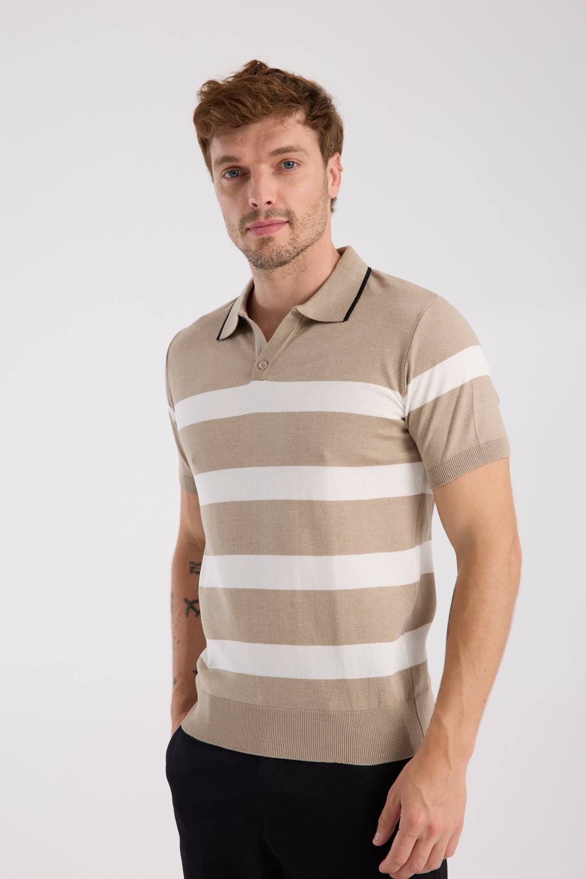 AClub Bravo Örme Kumaş Viskon Karışımlı Slim Fit Vizon Polo Yaka Erkek Çizgili Polo Shirt