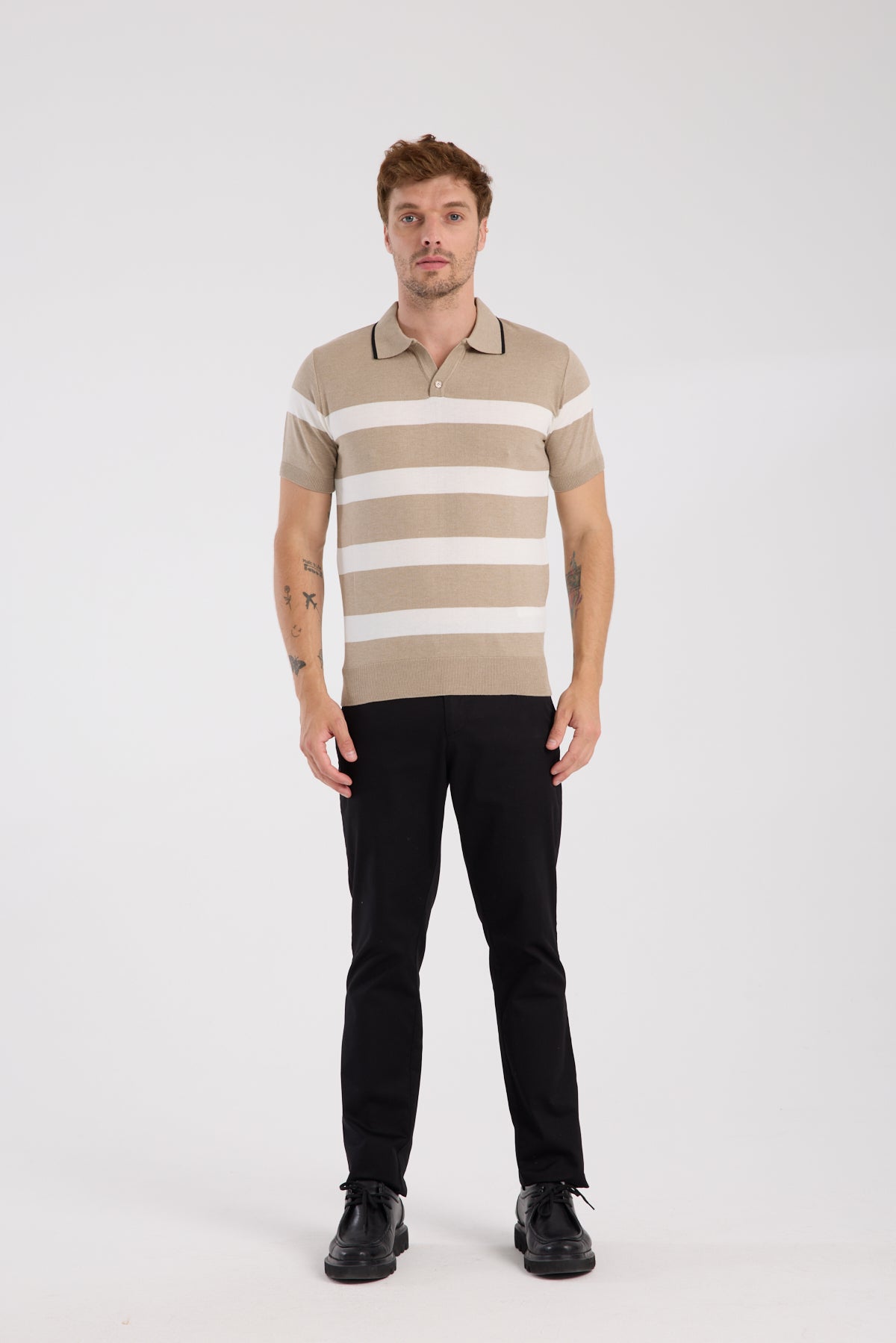 AClub Bravo Örme Kumaş Viskon Karışımlı Slim Fit Vizon Polo Yaka Erkek Çizgili Polo Shirt