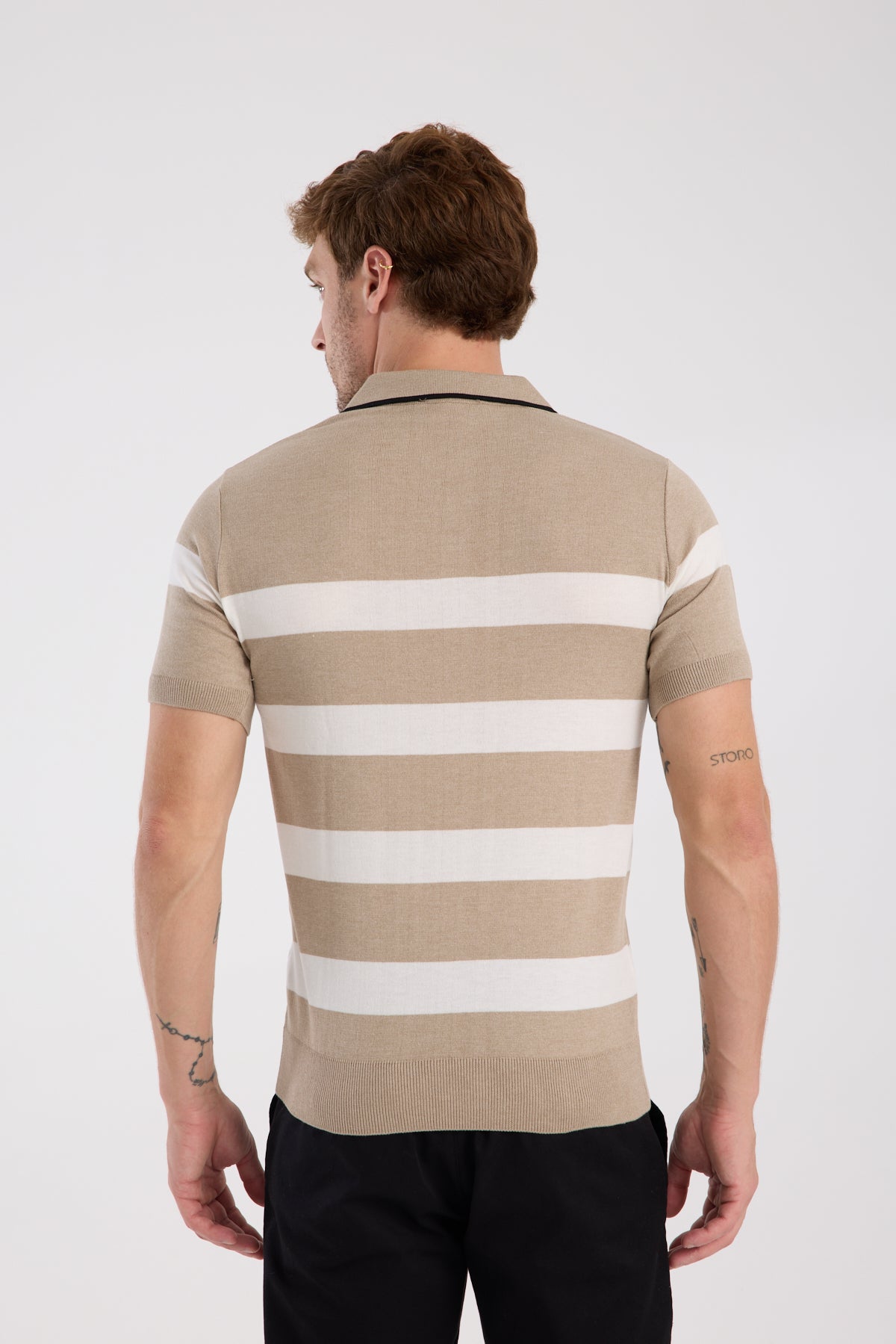 AClub Bravo Örme Kumaş Viskon Karışımlı Slim Fit Vizon Polo Yaka Erkek Çizgili Polo Shirt