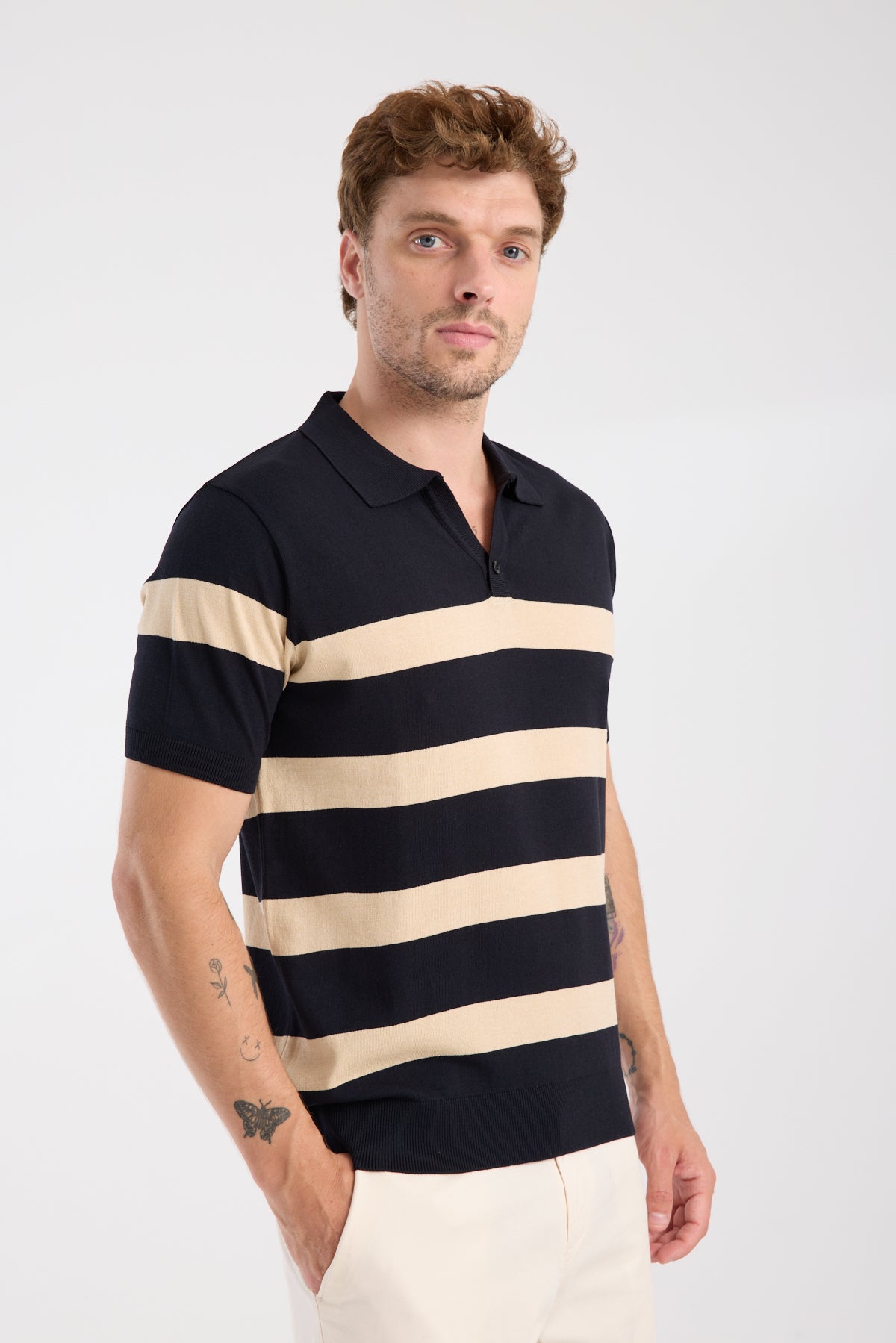 AClub Bravo Örme Kumaş Viskon Karışımlı Slim Fit Lacivert Polo Yaka Erkek Çizgili Polo Shirt