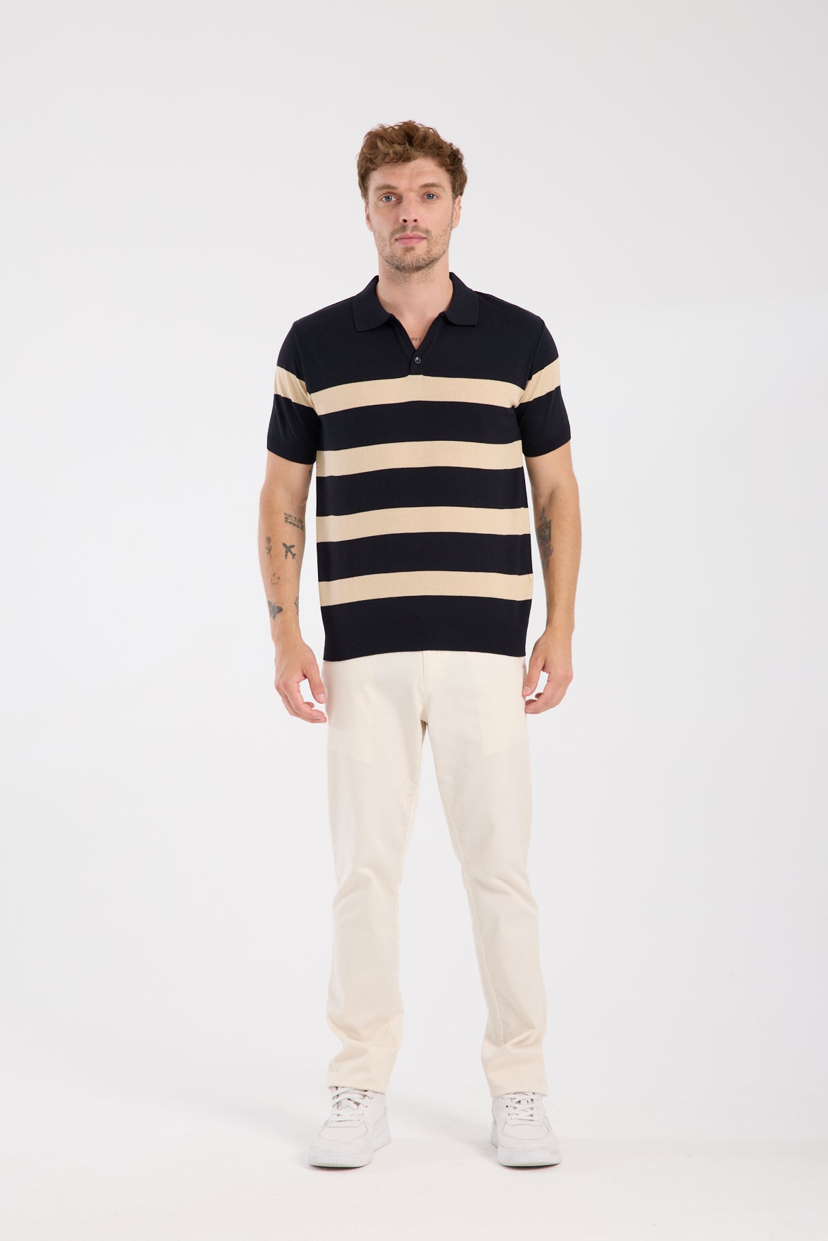 AClub Bravo Örme Kumaş Viskon Karışımlı Slim Fit Lacivert Polo Yaka Erkek Çizgili Polo Shirt