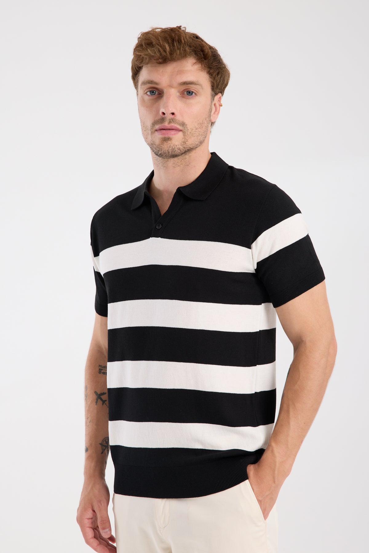 AClub Bravo Örme Kumaş Viskon Karışımlı Slim Fit Siyah Polo Yaka Erkek Çizgili Polo Shirt