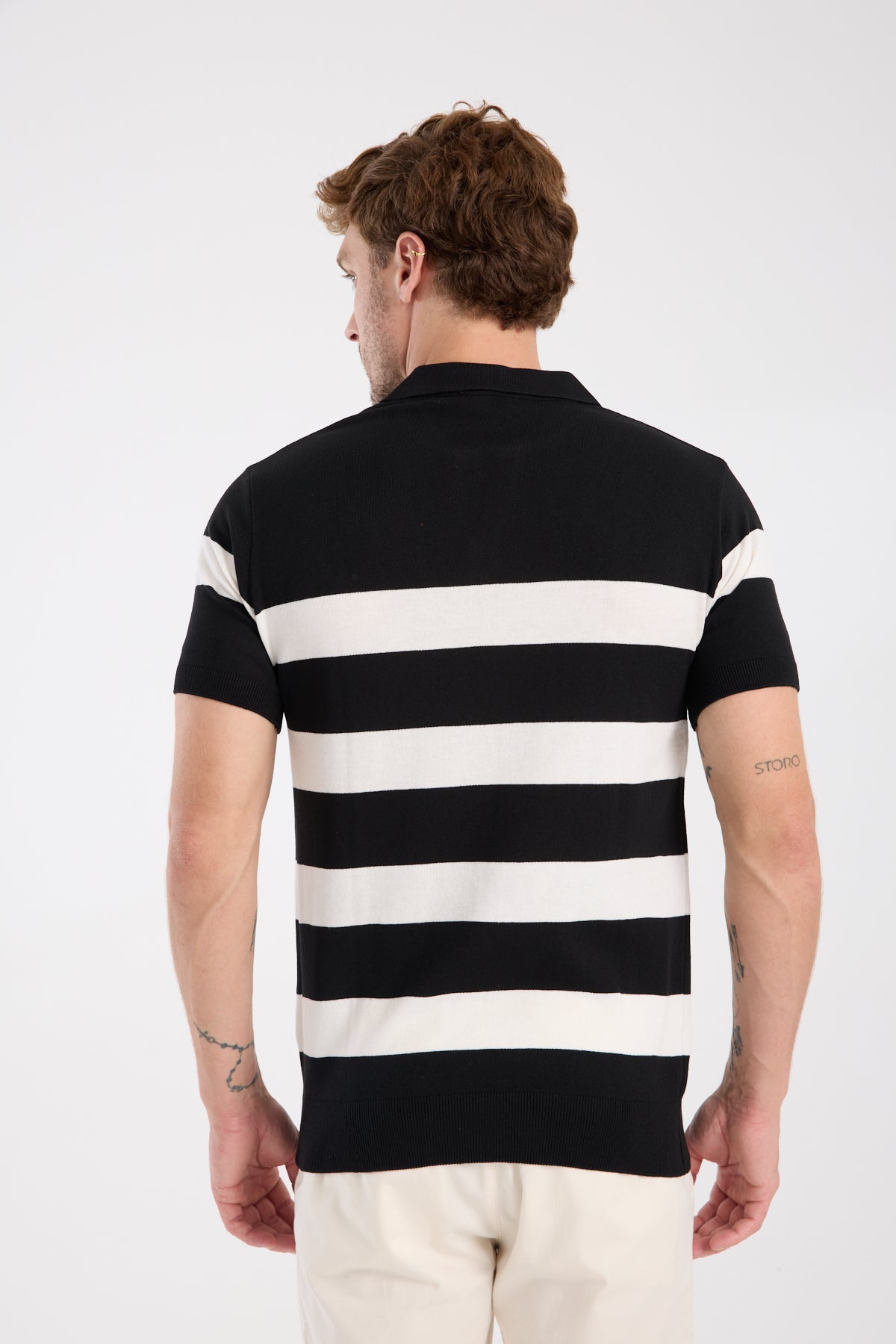 AClub Bravo Örme Kumaş Viskon Karışımlı Slim Fit Siyah Polo Yaka Erkek Çizgili Polo Shirt