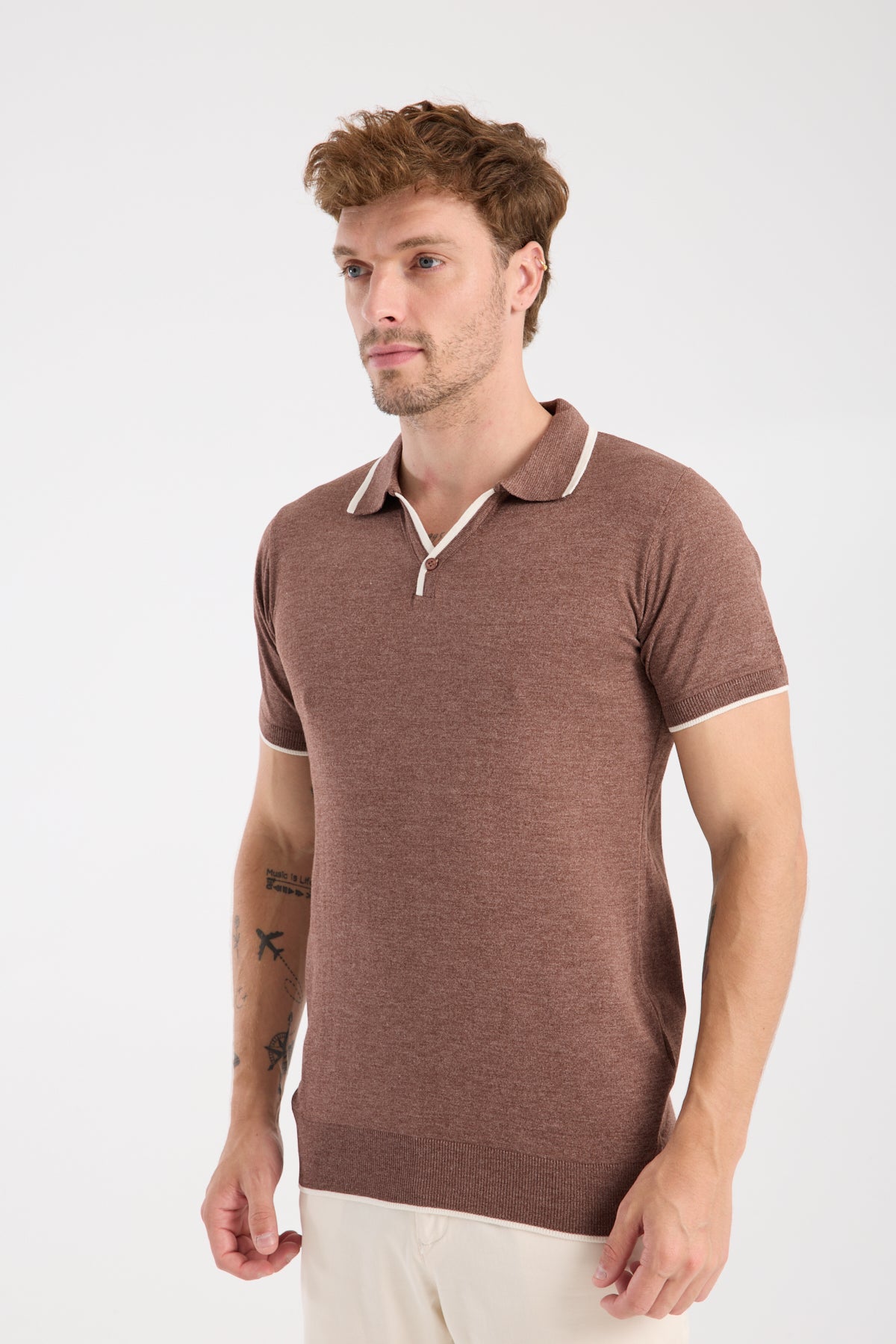 AClub Delta Örme Kumaş Viskon Karışımlı Slim Fit Kahverengi Polo Yaka Erkek Düz Polo Shirt