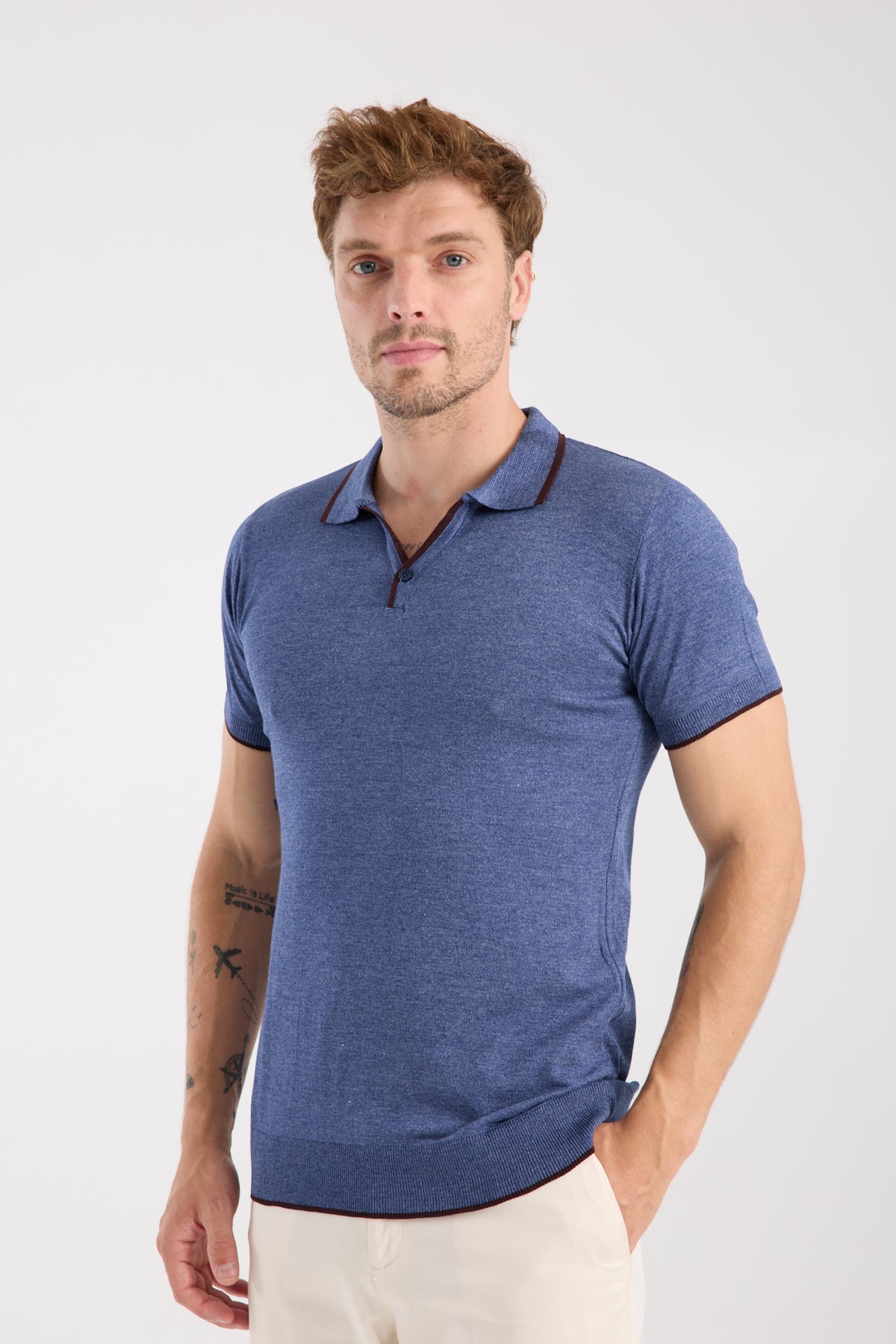 AClub Delta Örme Kumaş Viskon Karışımlı Slim Fit İndigo Polo Yaka Erkek Düz Polo Shirt