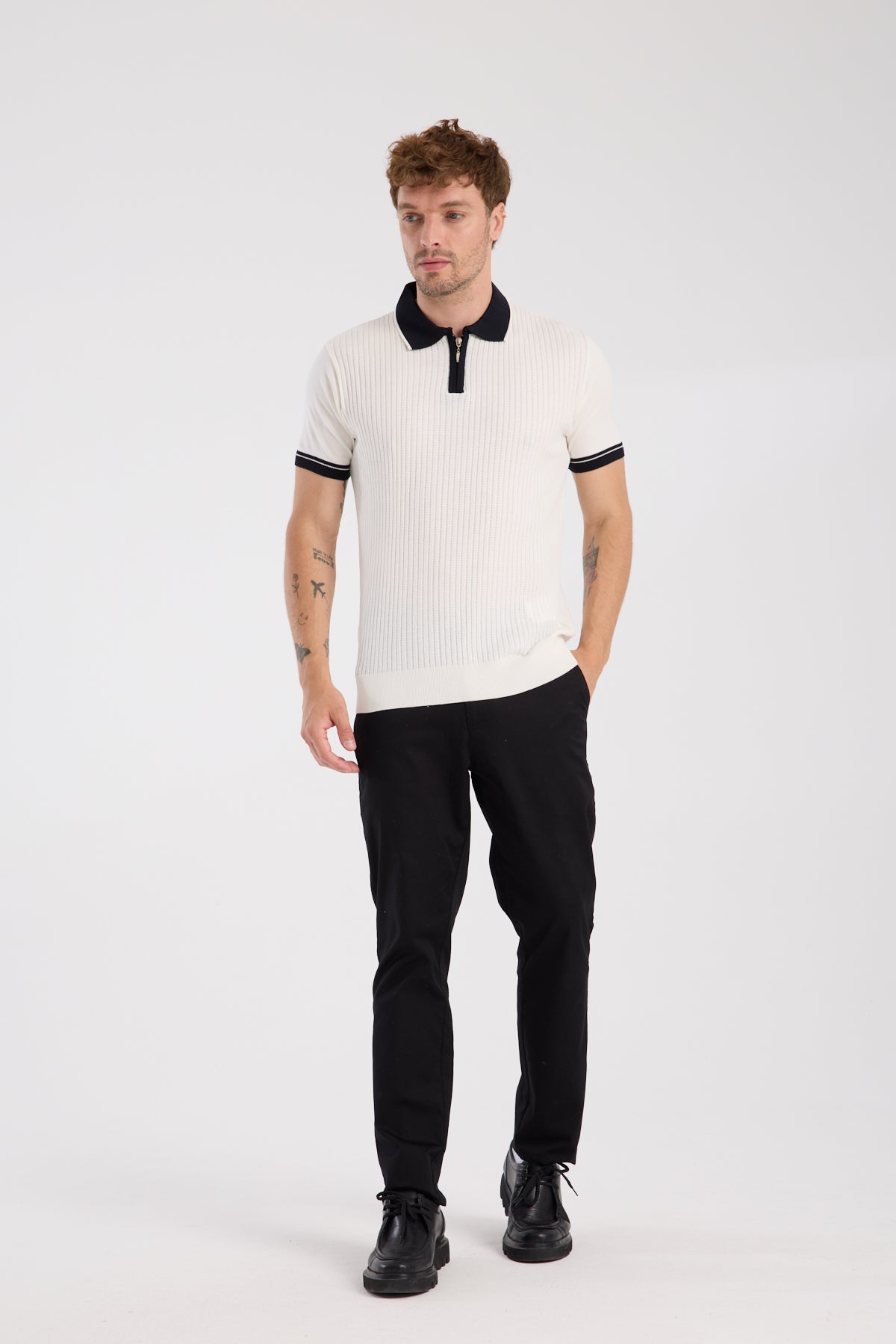 AClub Echo Örme Kumaş Viskon Karışımlı Slim Fit Ekru Polo Yaka Erkek Desenli Polo Shirt