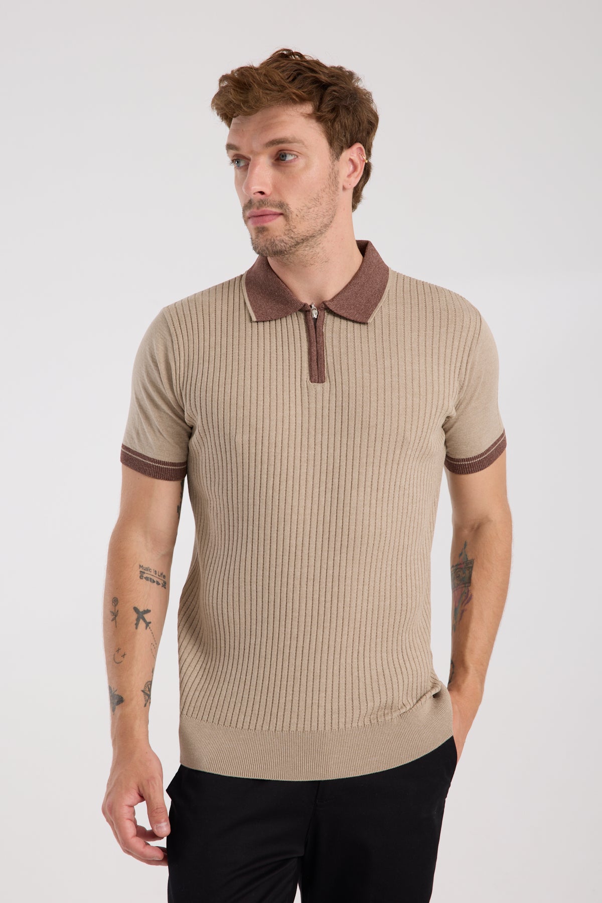 AClub Echo Örme Kumaş Viskon Karışımlı Slim Fit Vizon Polo Yaka Erkek Desenli Polo Shirt