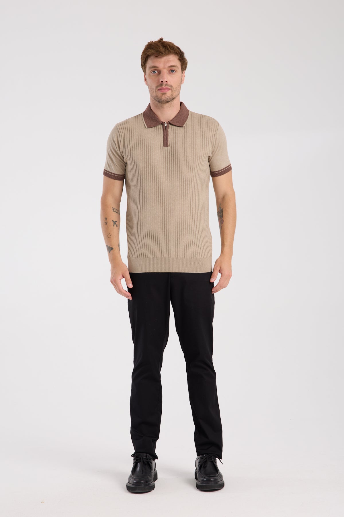 AClub Echo Örme Kumaş Viskon Karışımlı Slim Fit Vizon Polo Yaka Erkek Desenli Polo Shirt