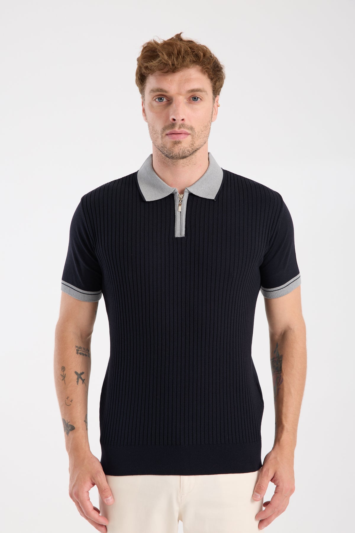 AClub Echo Örme Kumaş Viskon Karışımlı Slim Fit Lacivert Polo Yaka Erkek Desenli Polo Shirt