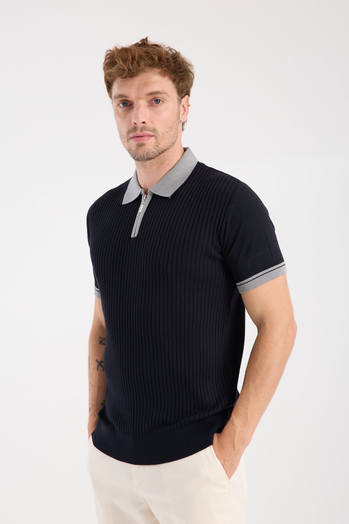 AClub Echo Örme Kumaş Viskon Karışımlı Slim Fit Lacivert Polo Yaka Erkek Desenli Polo Shirt
