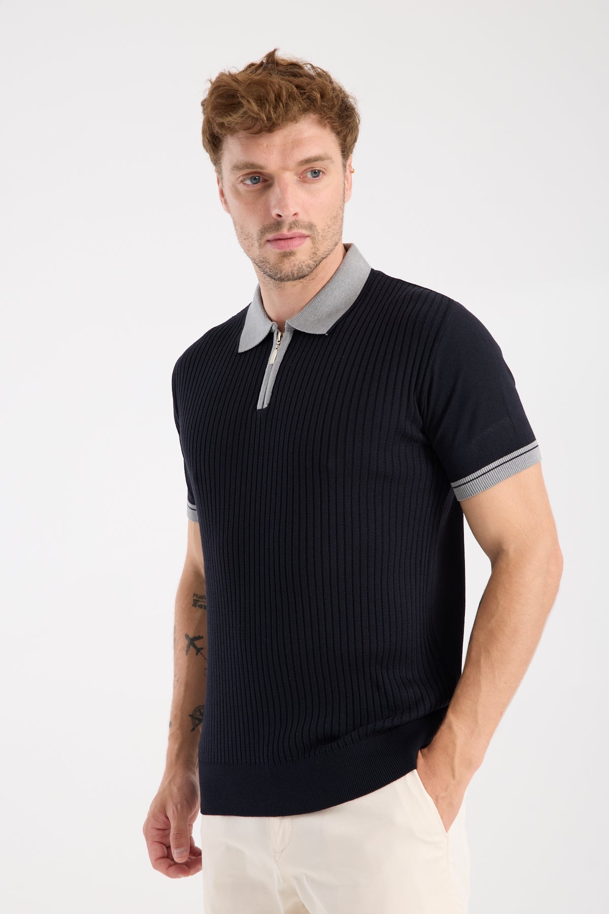 AClub Echo Örme Kumaş Viskon Karışımlı Slim Fit Lacivert Polo Yaka Erkek Desenli Polo Shirt