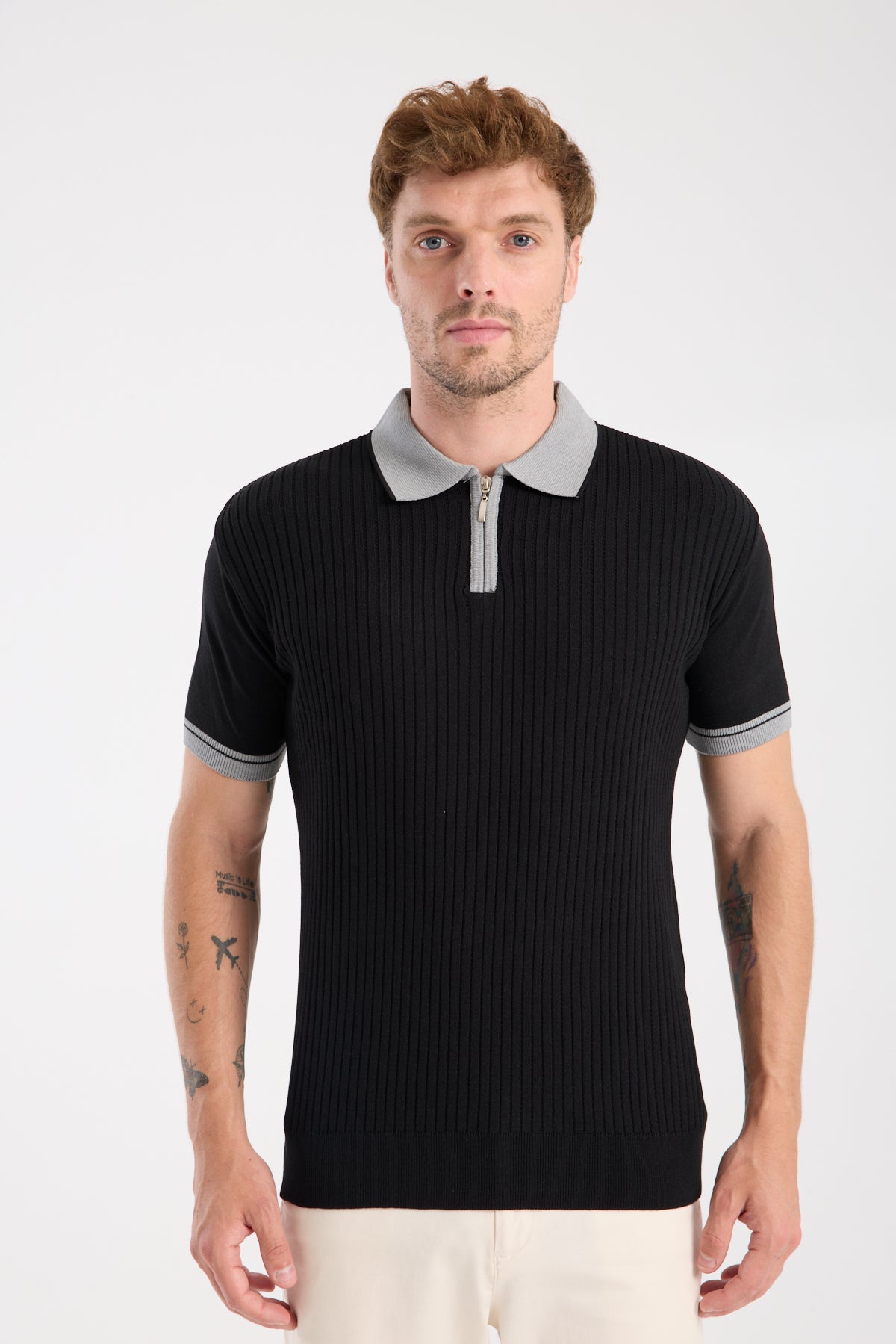 AClub Echo Örme Kumaş Viskon Karışımlı Slim Fit Siyah Polo Yaka Erkek Desenli Polo Shirt