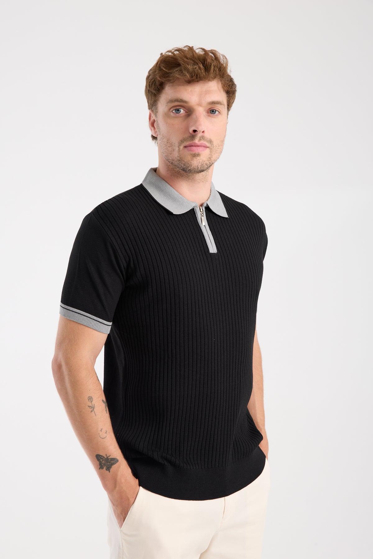 AClub Echo Örme Kumaş Viskon Karışımlı Slim Fit Siyah Polo Yaka Erkek Desenli Polo Shirt
