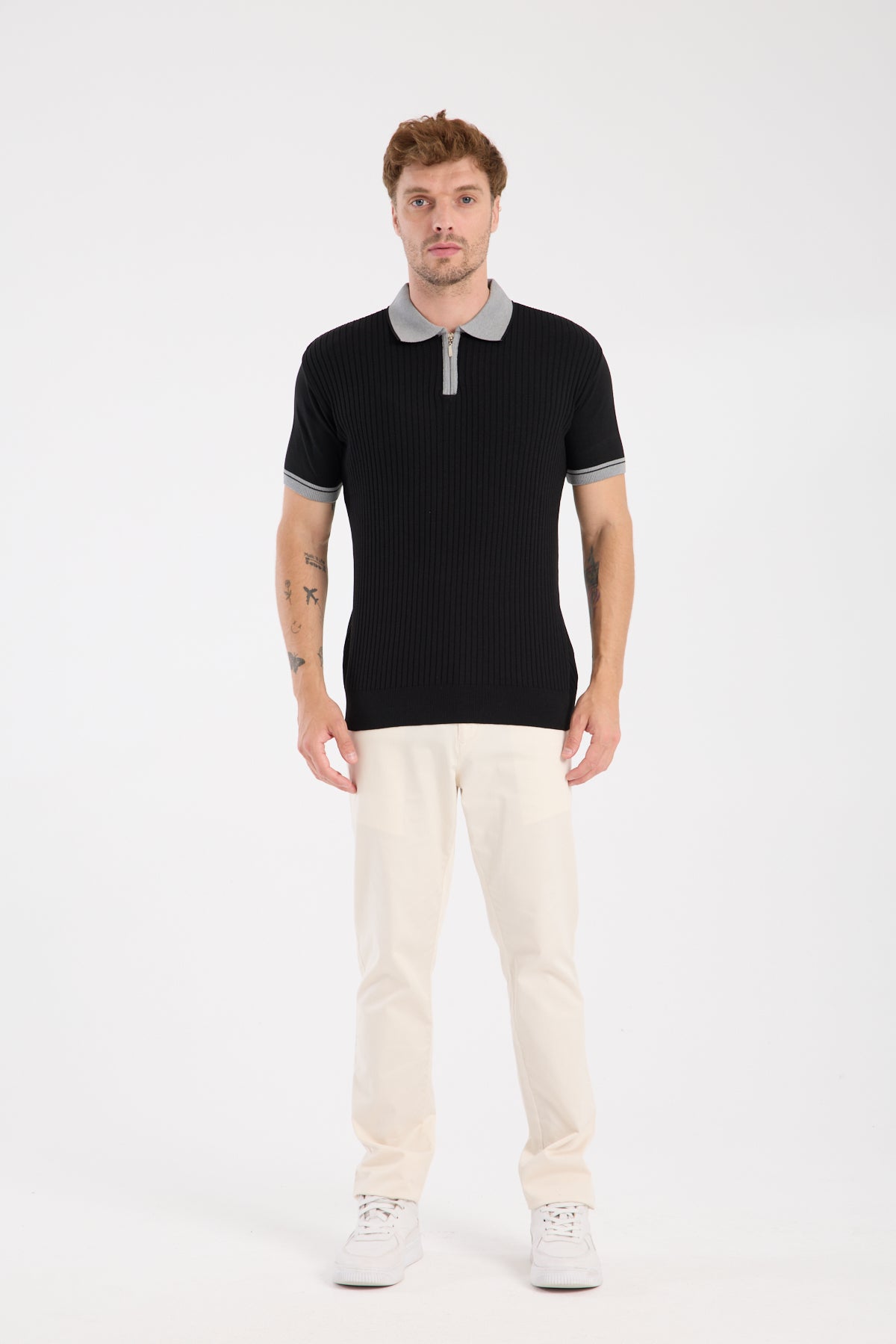 AClub Echo Örme Kumaş Viskon Karışımlı Slim Fit Siyah Polo Yaka Erkek Desenli Polo Shirt