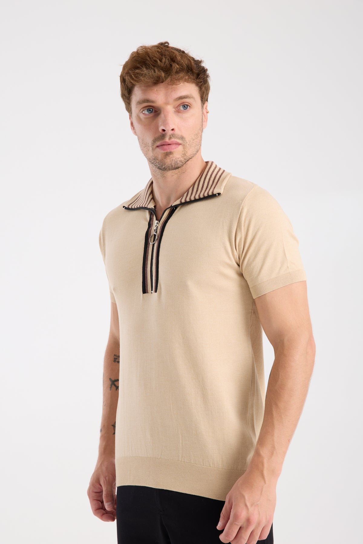 AClub Foxtrot Örme Kumaş Viskon Karışımlı Slim Fit Koyu Bej Dik Yaka Erkek Düz Polo Shirt
