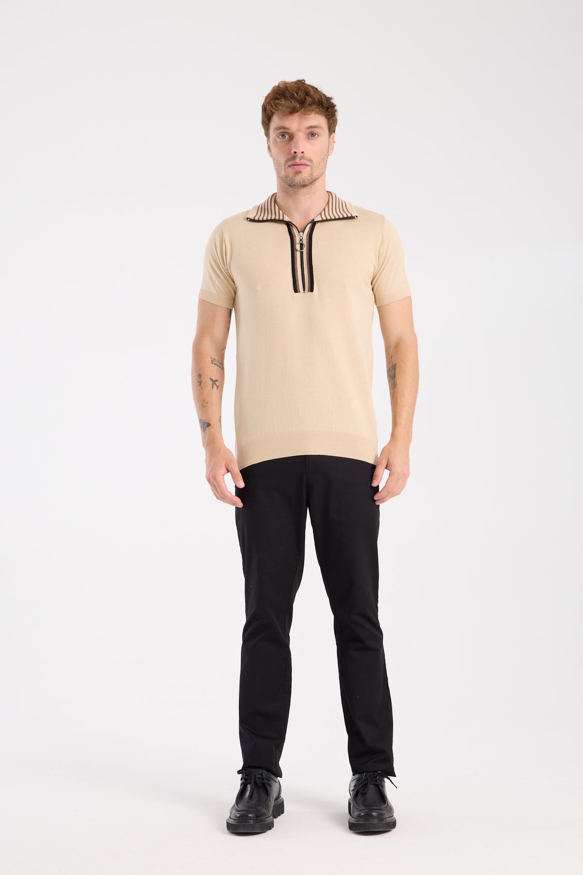 AClub Foxtrot Örme Kumaş Viskon Karışımlı Slim Fit Koyu Bej Dik Yaka Erkek Düz Polo Shirt