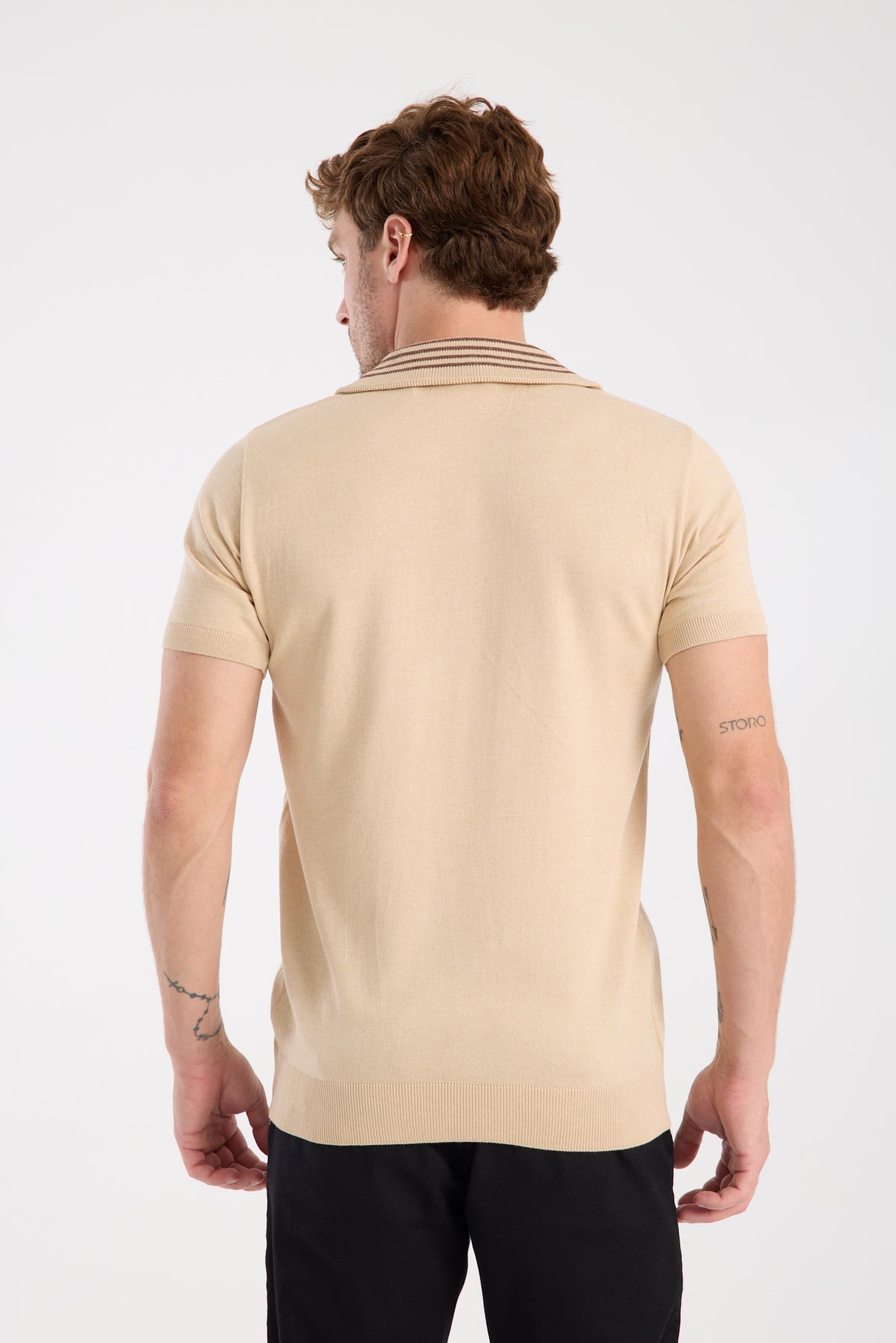 AClub Foxtrot Örme Kumaş Viskon Karışımlı Slim Fit Koyu Bej Dik Yaka Erkek Düz Polo Shirt