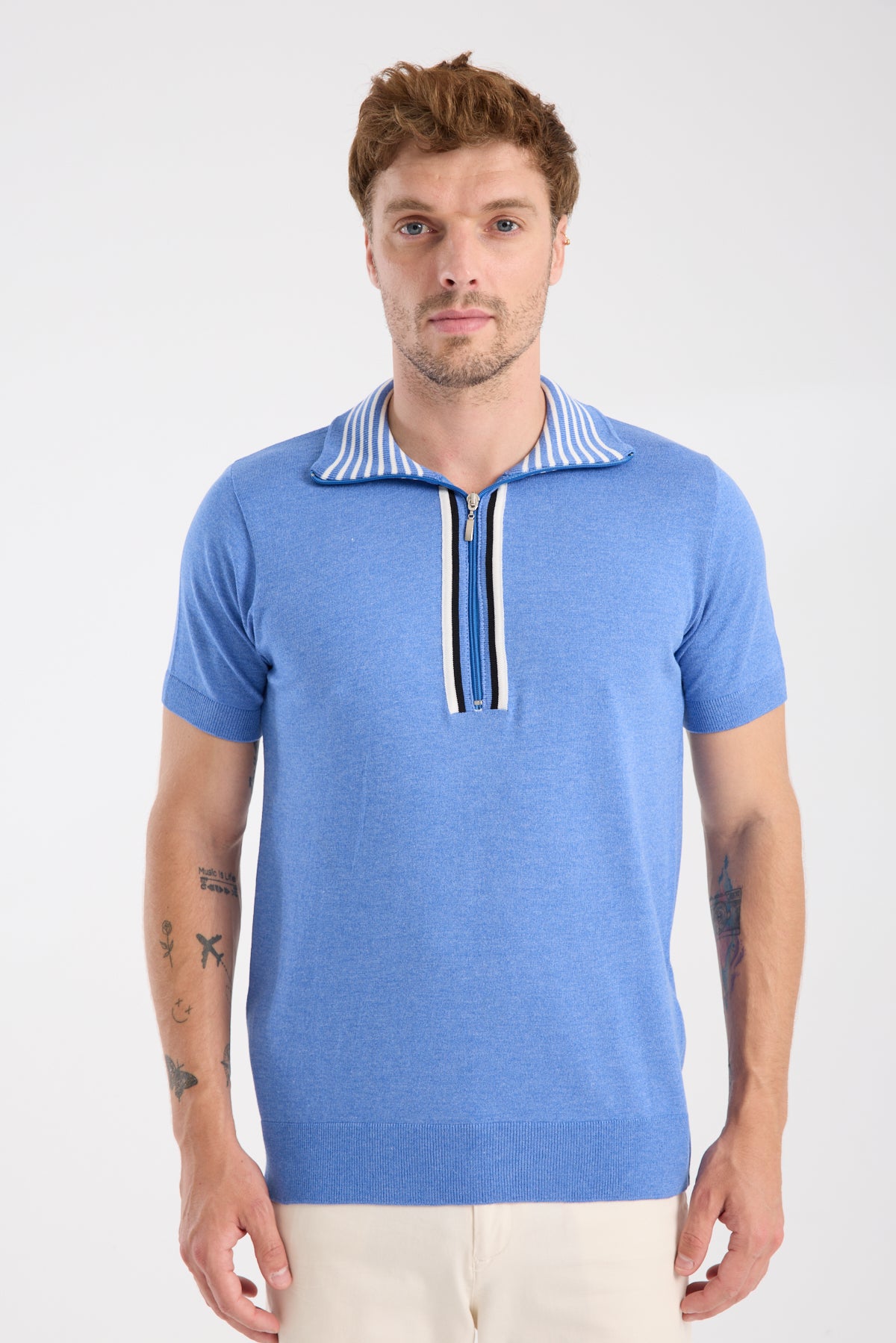 AClub Foxtrot Örme Kumaş Viskon Karışımlı Slim Fit Mavi Dik Yaka Erkek Düz Polo Shirt