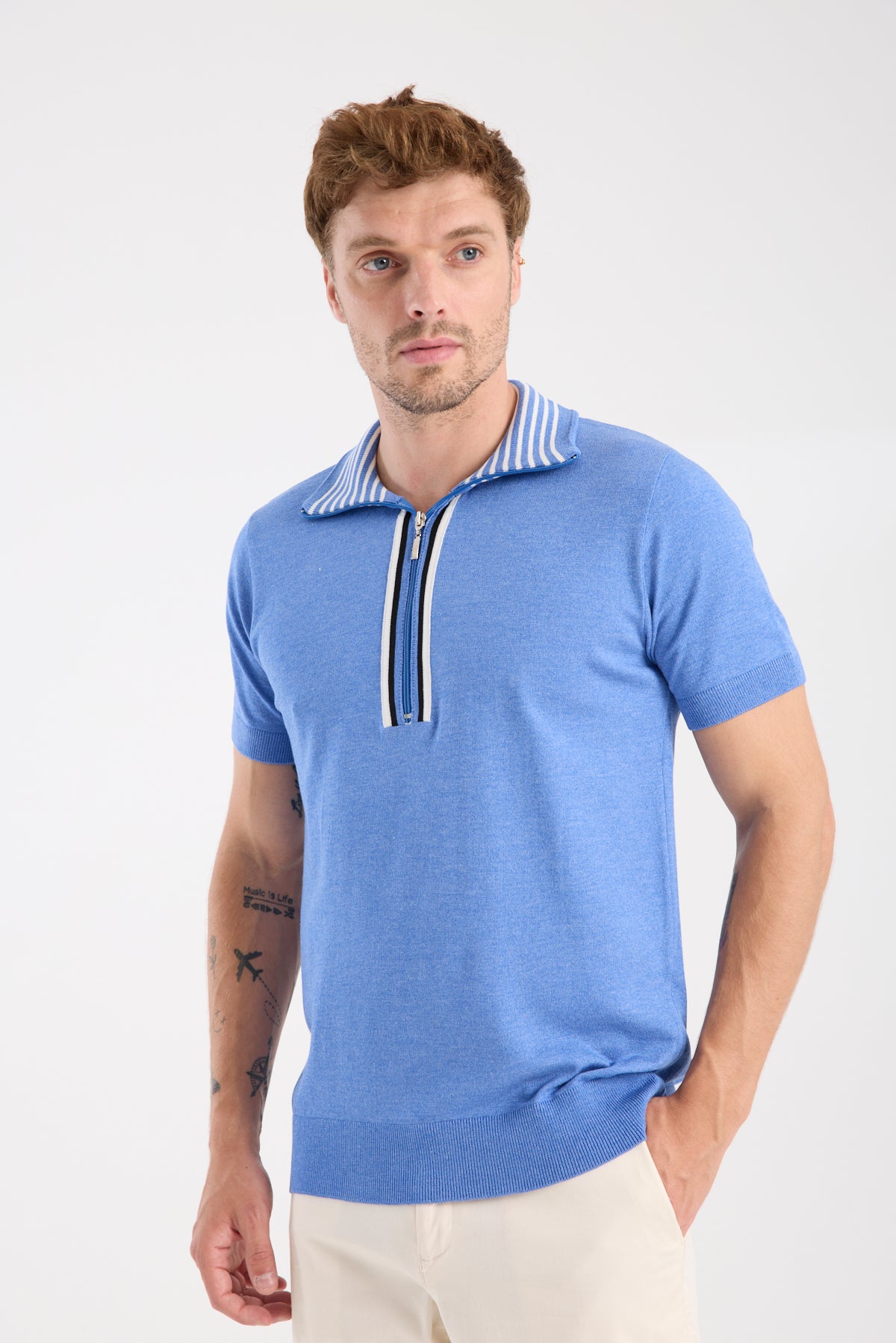 AClub Foxtrot Örme Kumaş Viskon Karışımlı Slim Fit Mavi Dik Yaka Erkek Düz Polo Shirt