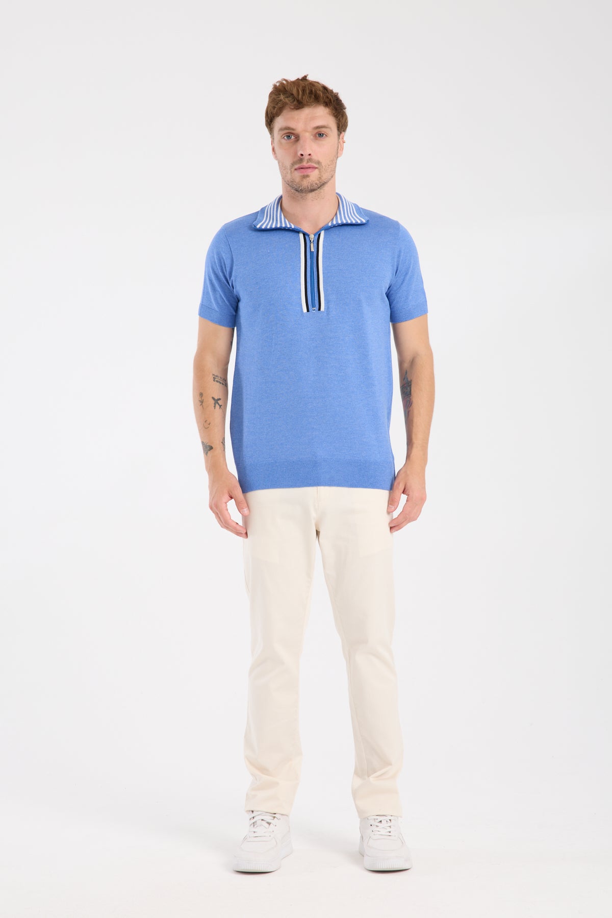 AClub Foxtrot Örme Kumaş Viskon Karışımlı Slim Fit Mavi Dik Yaka Erkek Düz Polo Shirt