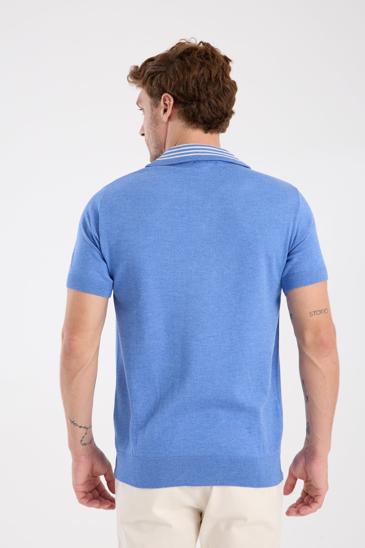 AClub Foxtrot Örme Kumaş Viskon Karışımlı Slim Fit Mavi Dik Yaka Erkek Düz Polo Shirt