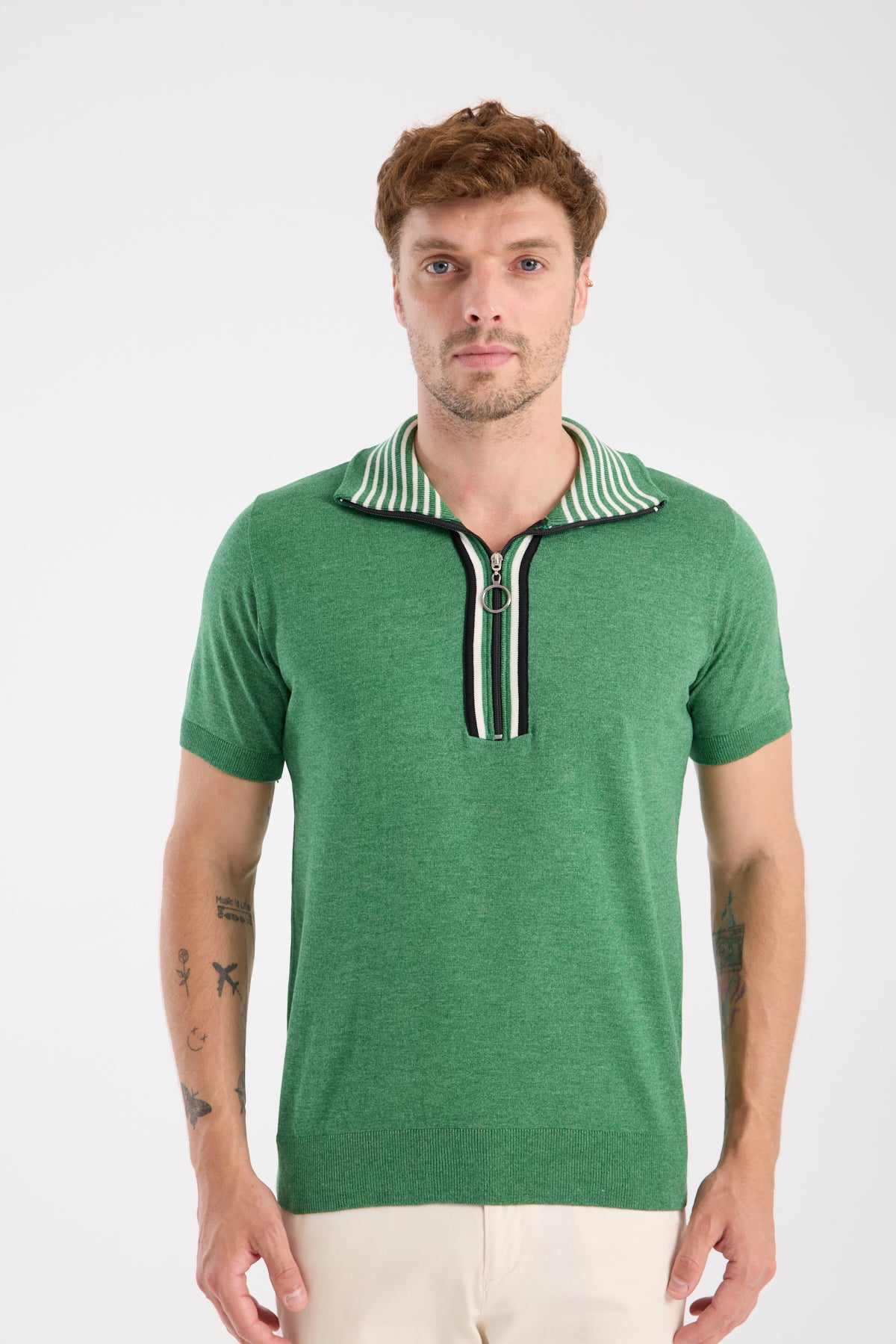 AClub Foxtrot Örme Kumaş Viskon Karışımlı Slim Fit Yeşil Dik Yaka Erkek Düz Polo Shirt
