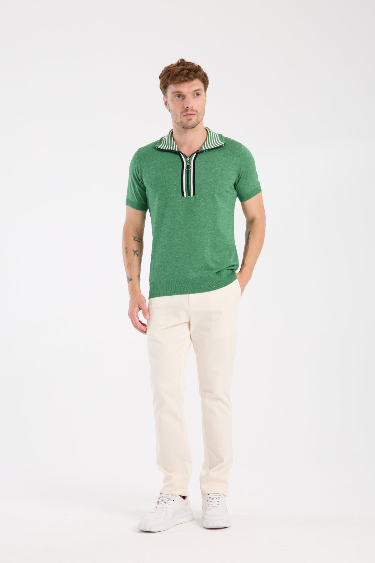 AClub Foxtrot Örme Kumaş Viskon Karışımlı Slim Fit Yeşil Dik Yaka Erkek Düz Polo Shirt