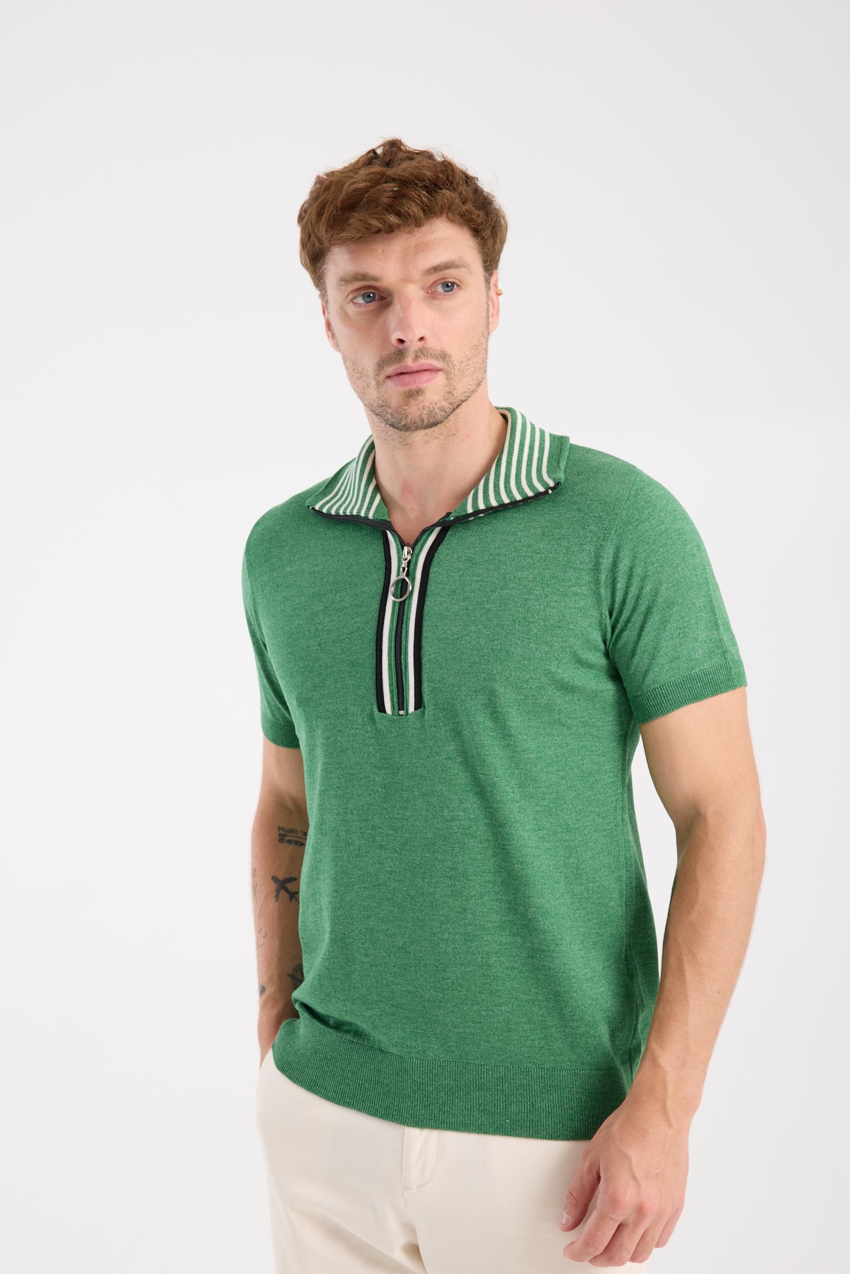 AClub Foxtrot Örme Kumaş Viskon Karışımlı Slim Fit Yeşil Dik Yaka Erkek Düz Polo Shirt