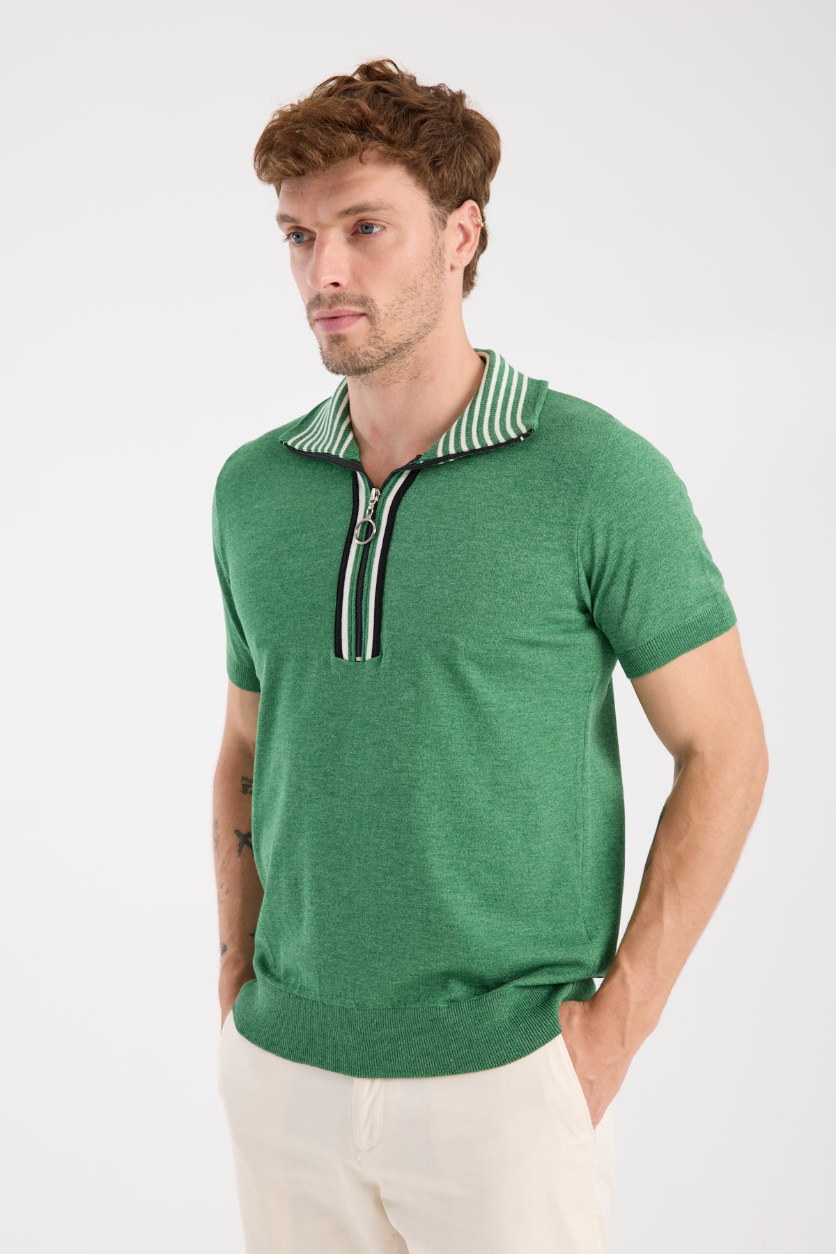 AClub Foxtrot Örme Kumaş Viskon Karışımlı Slim Fit Yeşil Dik Yaka Erkek Düz Polo Shirt