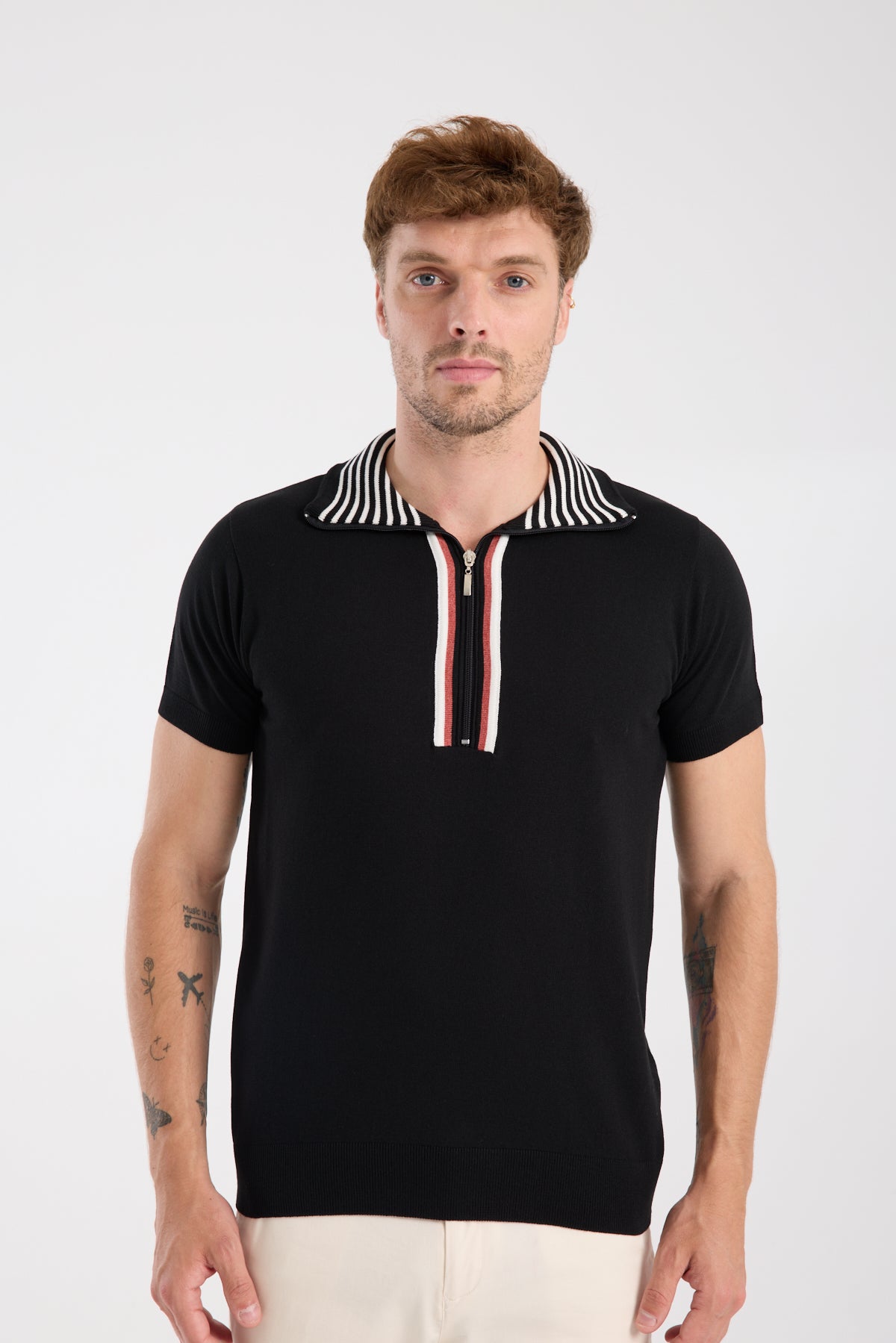 AClub Foxtrot Örme Kumaş Viskon Karışımlı Slim Fit Siyah Dik Yaka Erkek Düz Polo Shirt