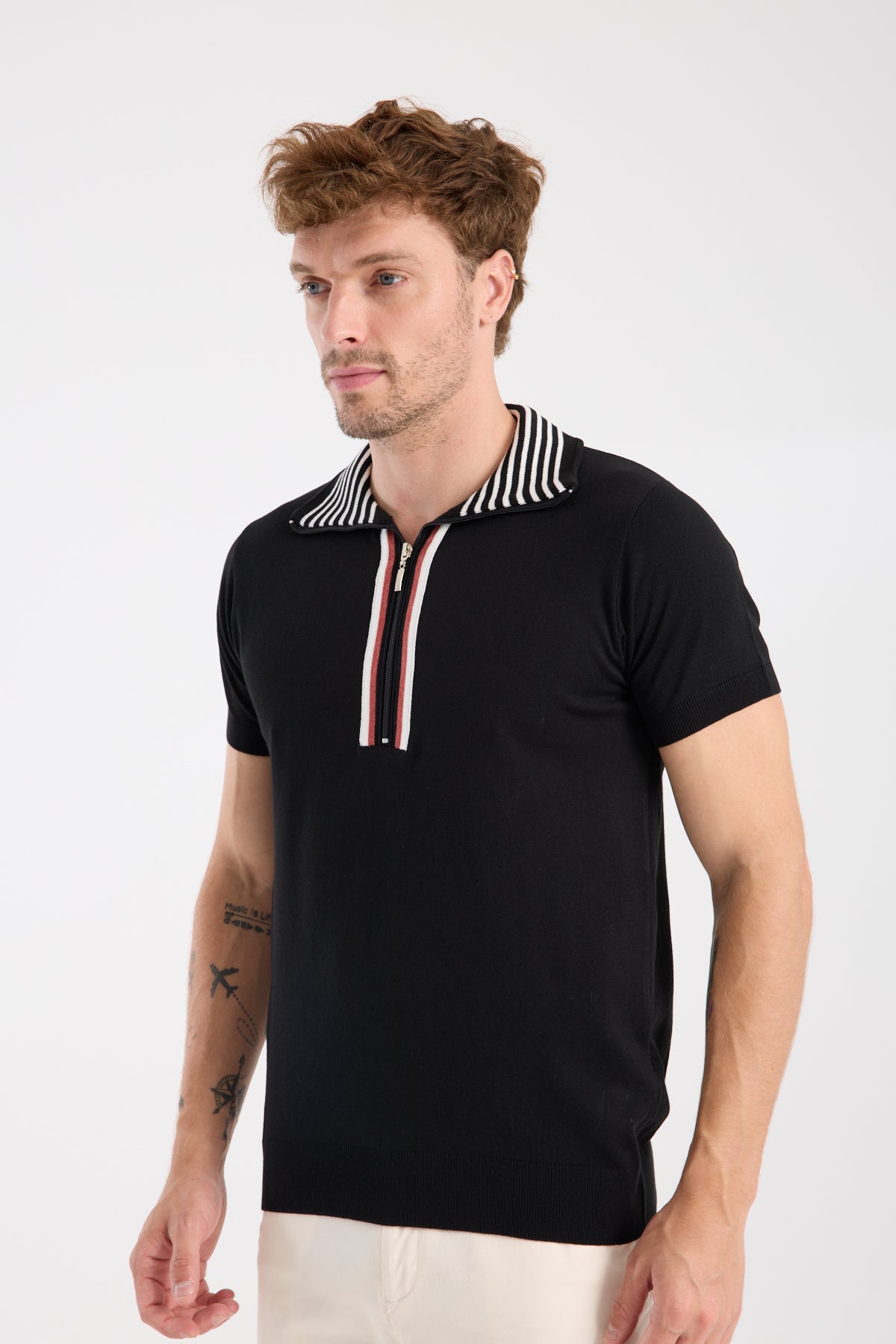 AClub Foxtrot Örme Kumaş Viskon Karışımlı Slim Fit Siyah Dik Yaka Erkek Düz Polo Shirt