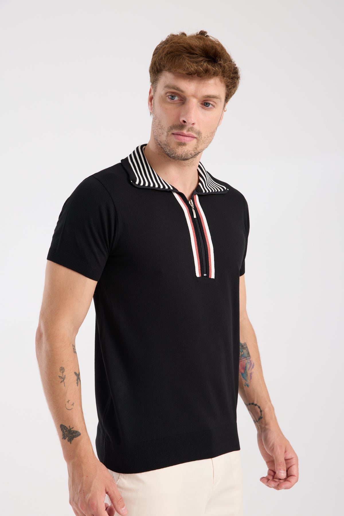 AClub Foxtrot Örme Kumaş Viskon Karışımlı Slim Fit Siyah Dik Yaka Erkek Düz Polo Shirt