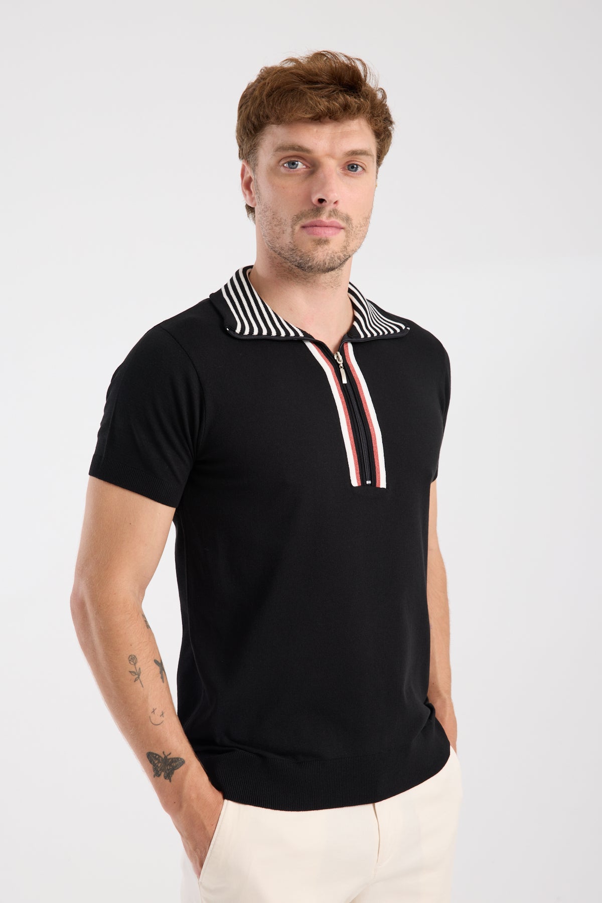 AClub Foxtrot Örme Kumaş Viskon Karışımlı Slim Fit Siyah Dik Yaka Erkek Düz Polo Shirt